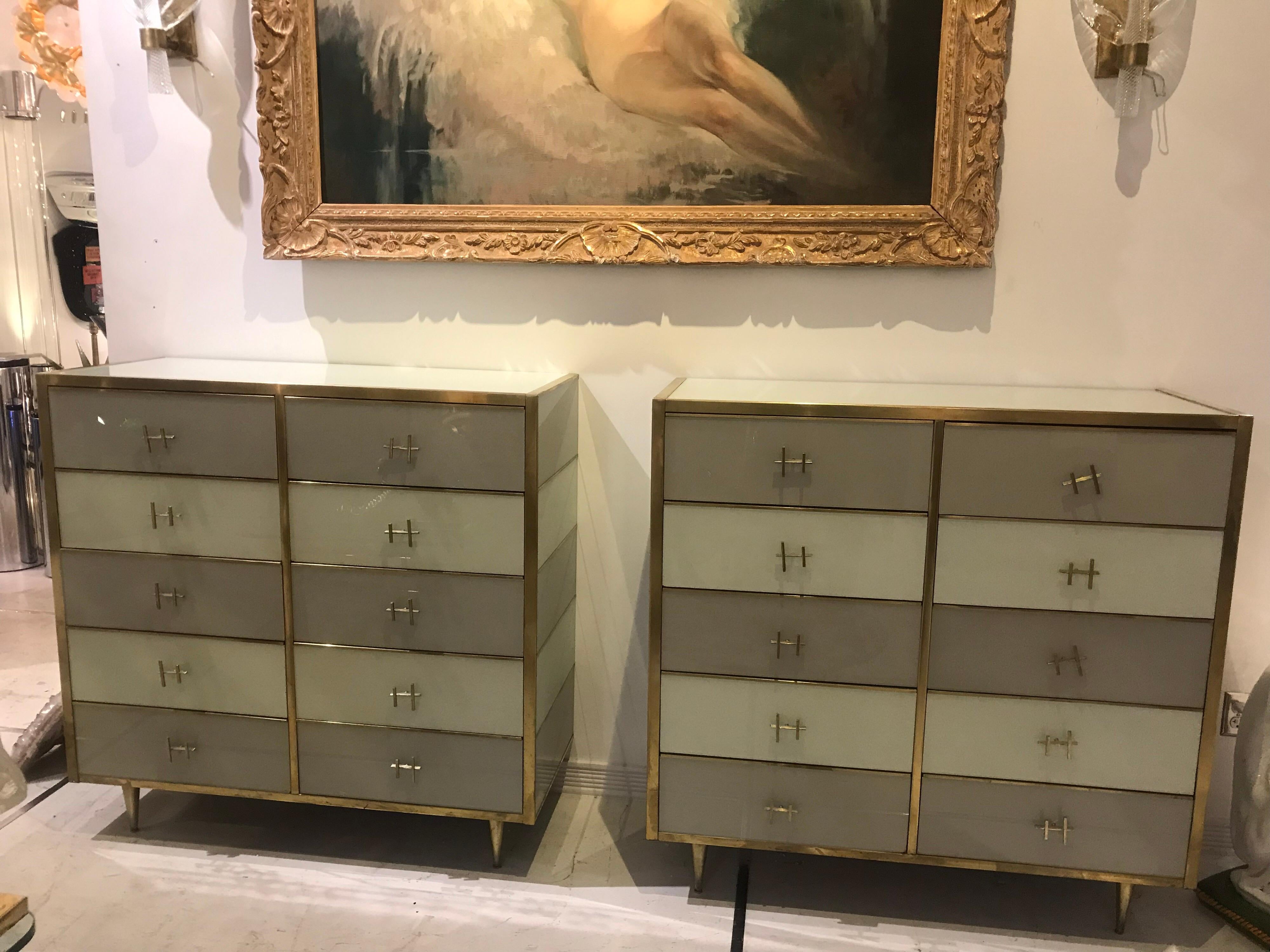 Mid-Century Modern Pair of Italian Mid-Century Glass and Brass Chest of Drawers