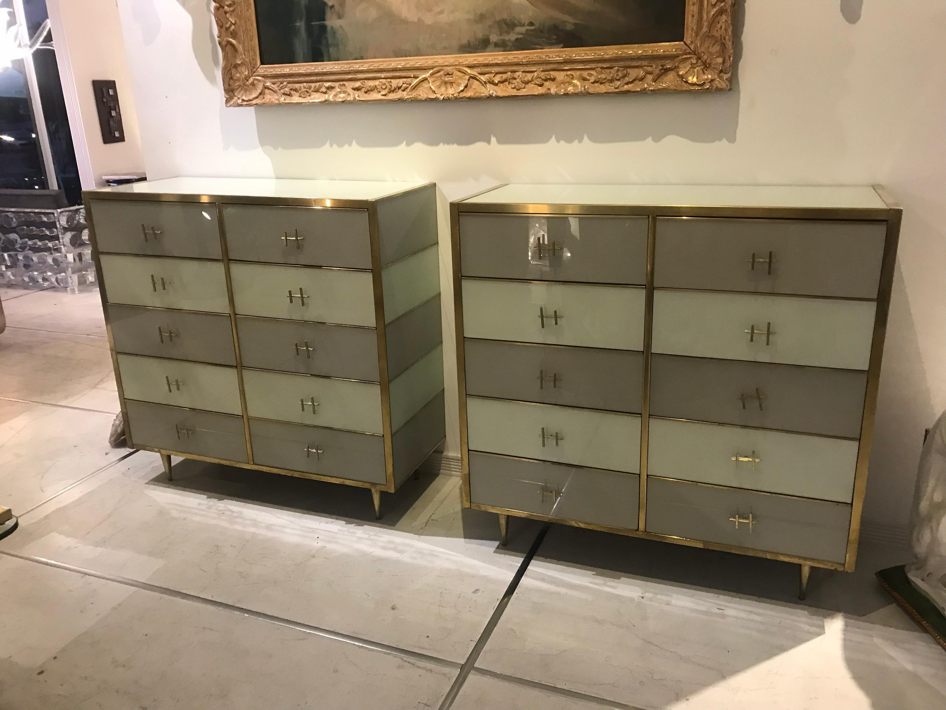 20th Century Pair of Italian Mid-Century Glass and Brass Chest of Drawers