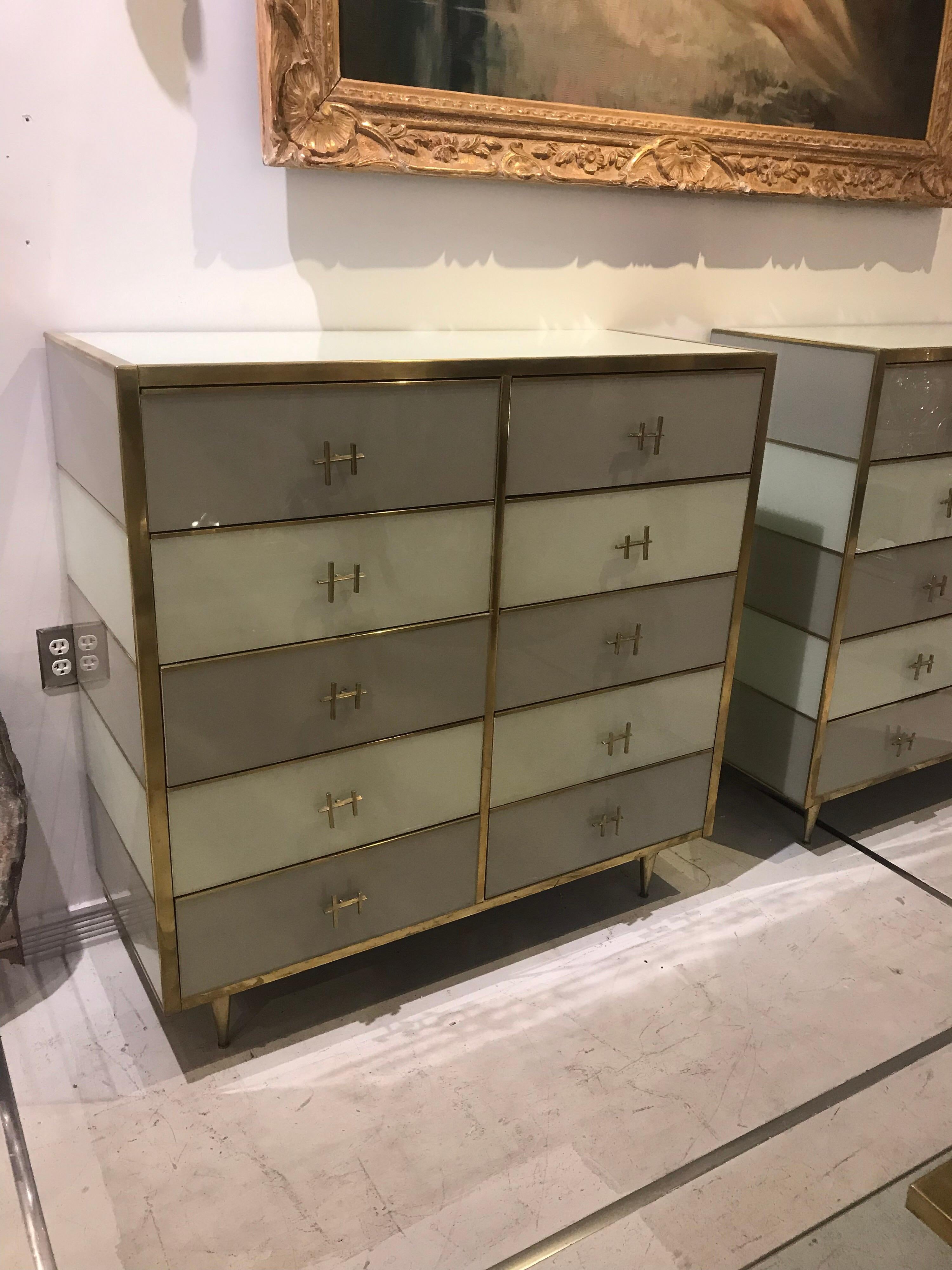 Pair of Italian Mid-Century Glass and Brass Chest of Drawers 1
