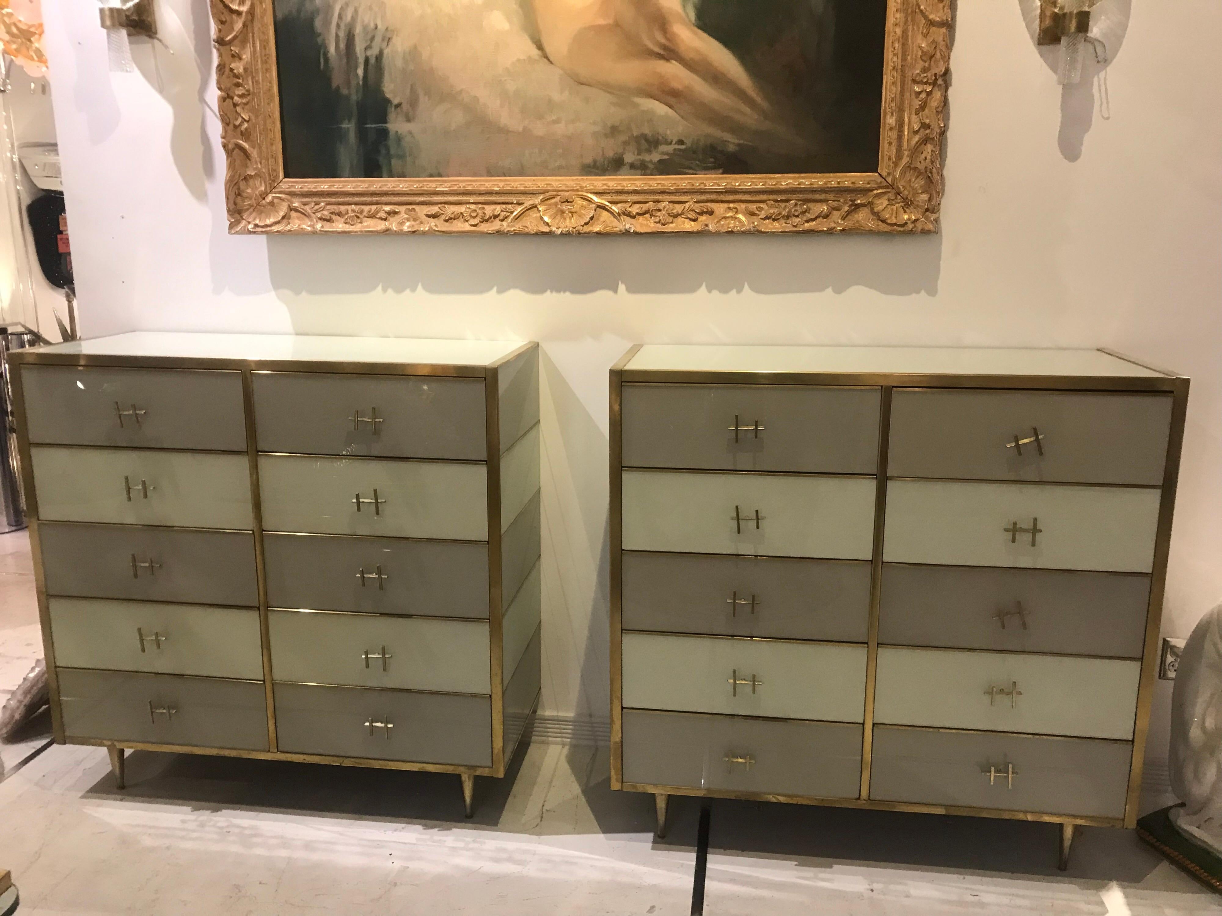 Pair of Italian Mid-Century Glass and Brass Chest of Drawers 2