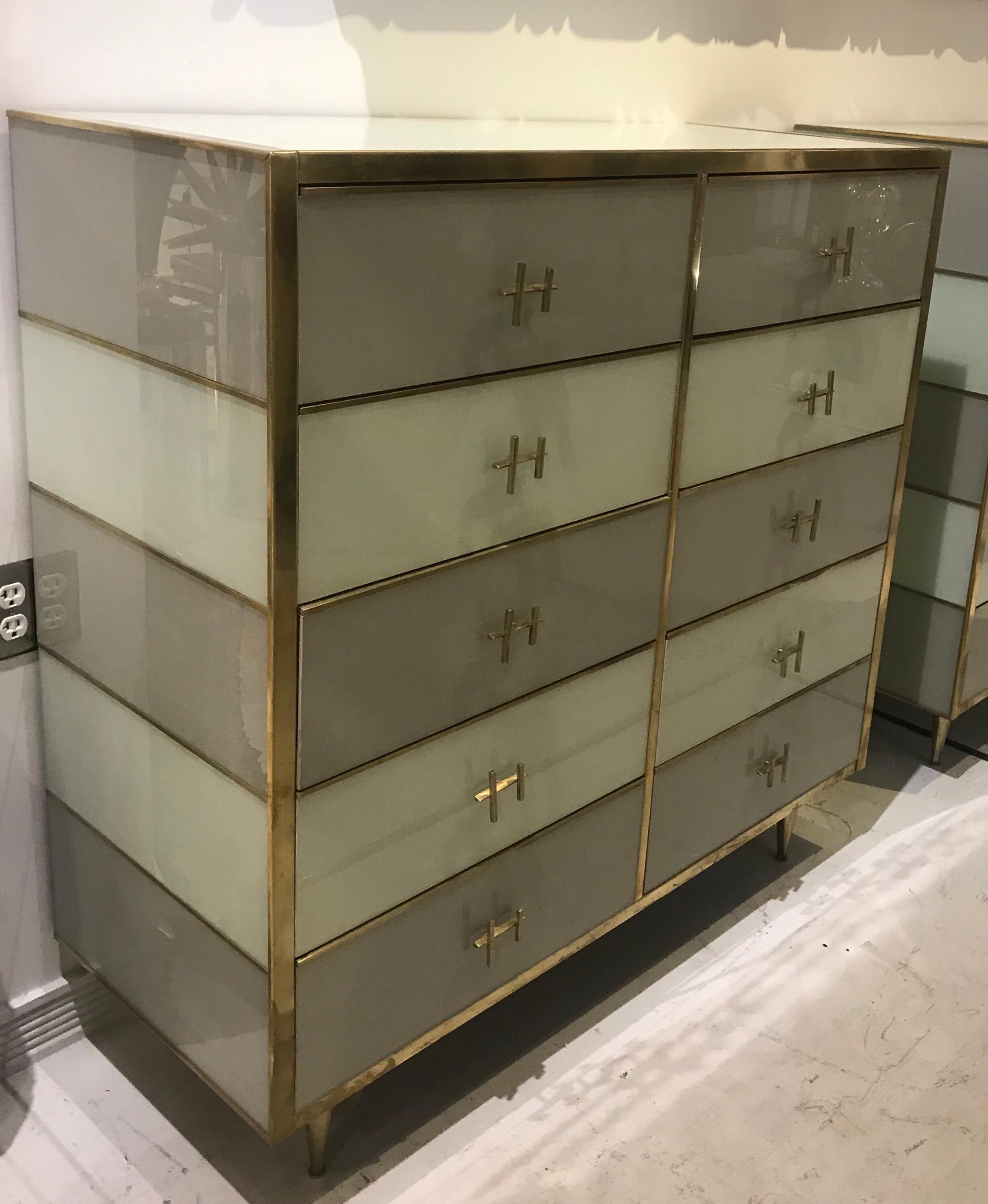 Pair of Italian Mid-Century Glass and Brass Chest of Drawers 3