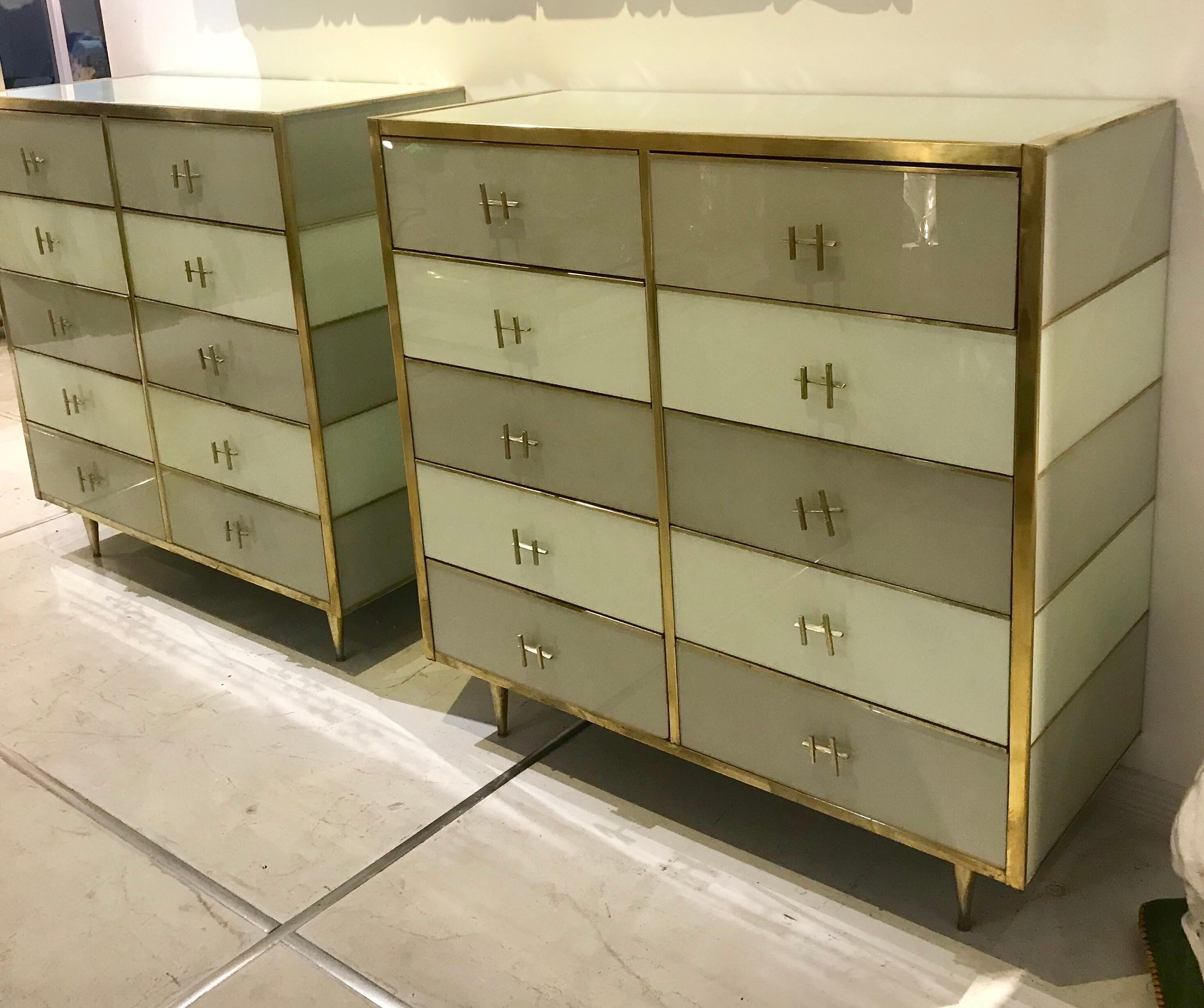 Pair of Italian Mid-Century Glass and Brass Chest of Drawers In Good Condition In Miami, FL