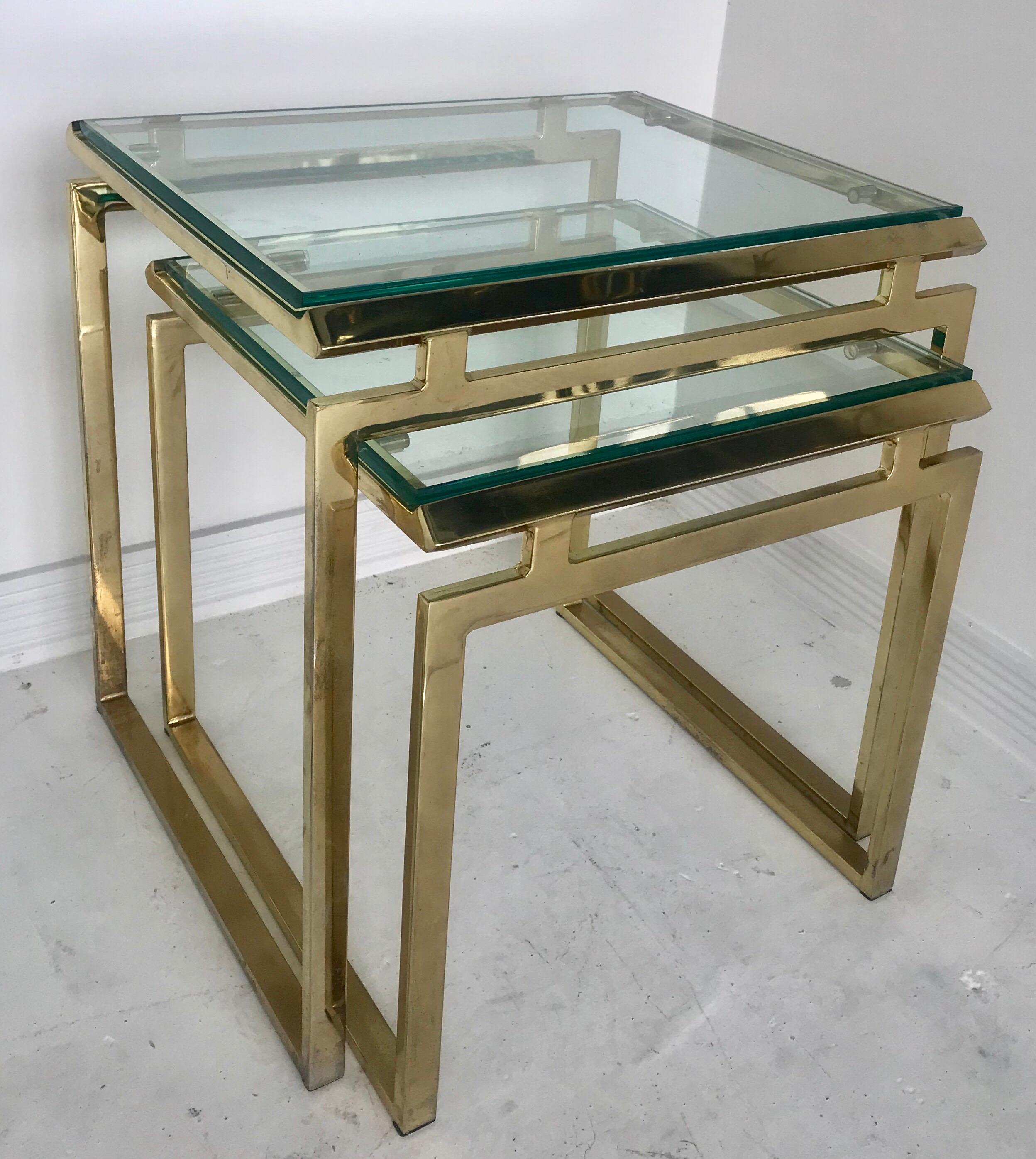 Mid-Century Modern Pair of Mid Century Brass and Glass Nesting Tables