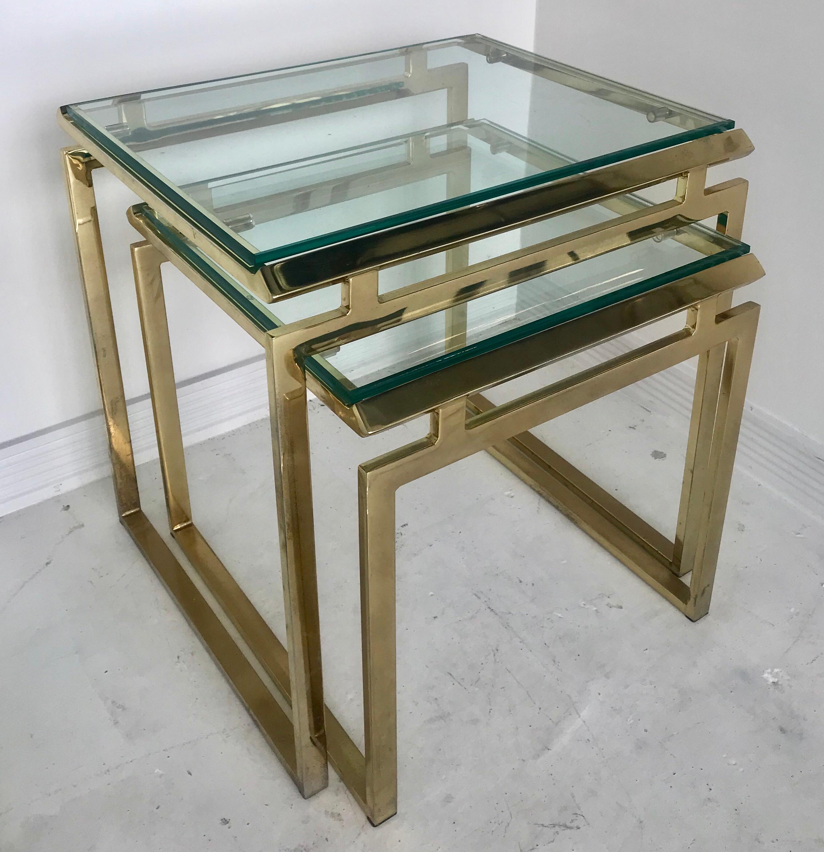 American Pair of Mid Century Brass and Glass Nesting Tables