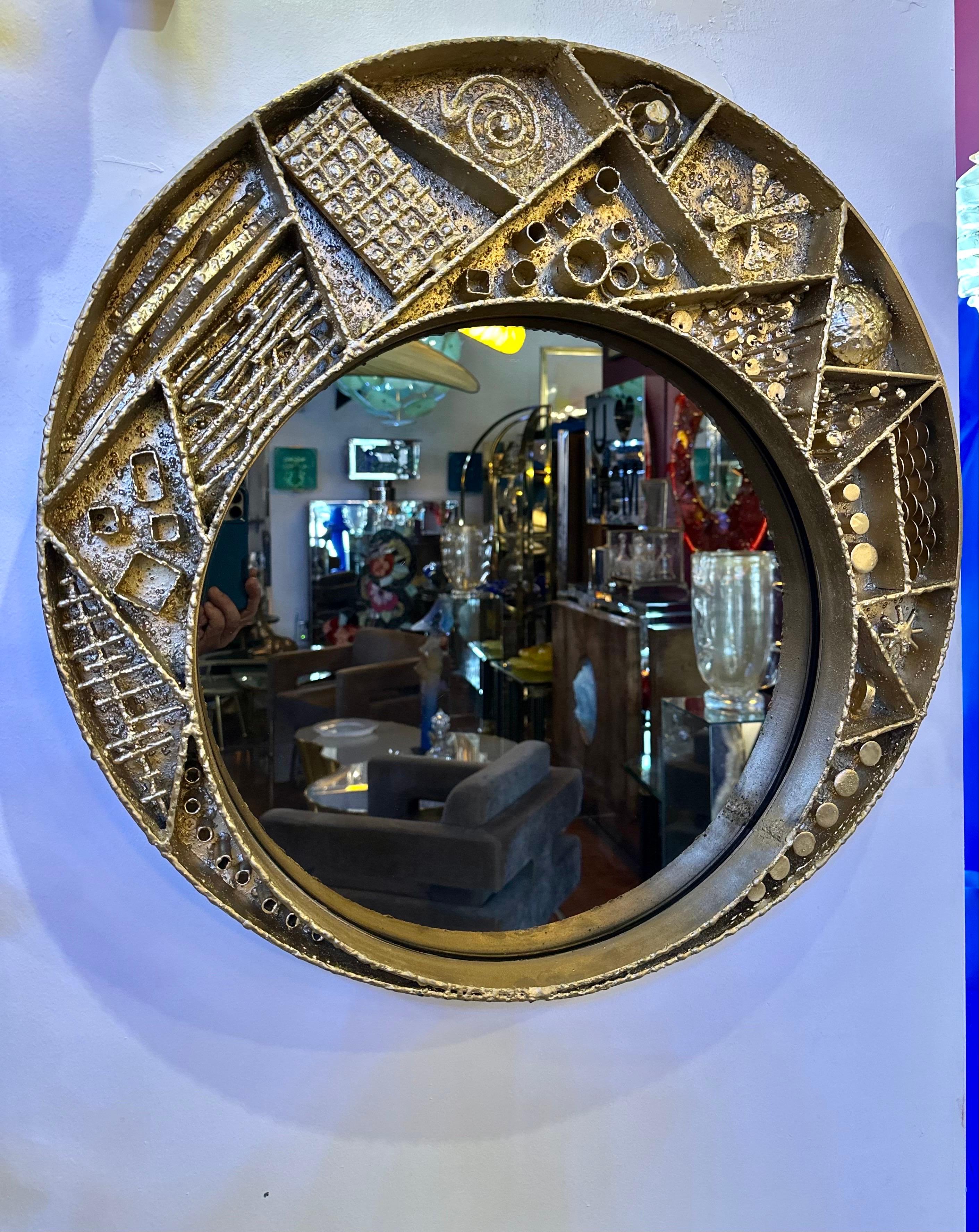 Unknown Brutalist Artisan Crafted Metalwork Framed Mirror Paul Evans Style For Sale