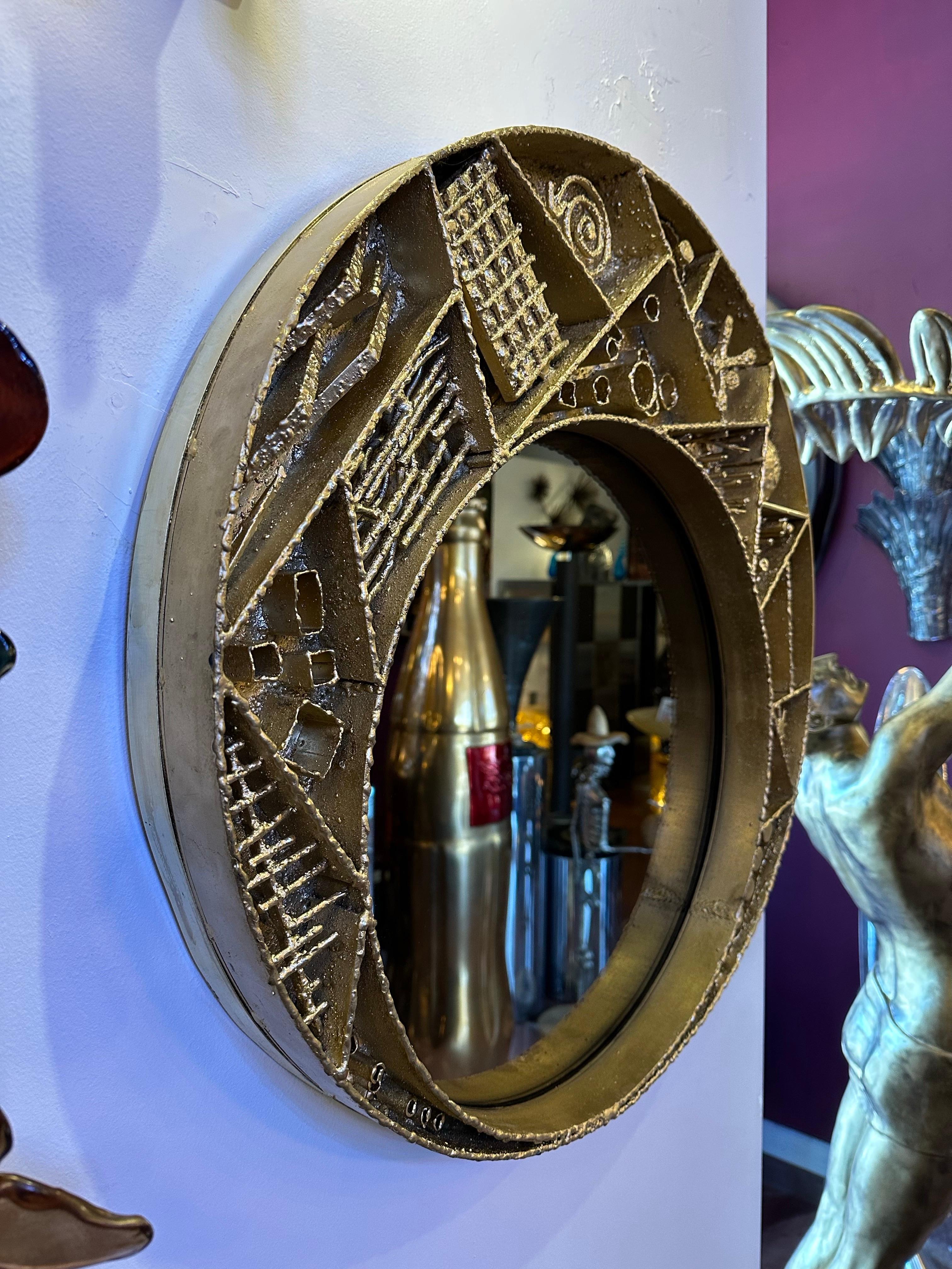 Mid-Century Modern Brutalist Artisan Crafted Metalwork Framed Mirror Paul Evans Style For Sale