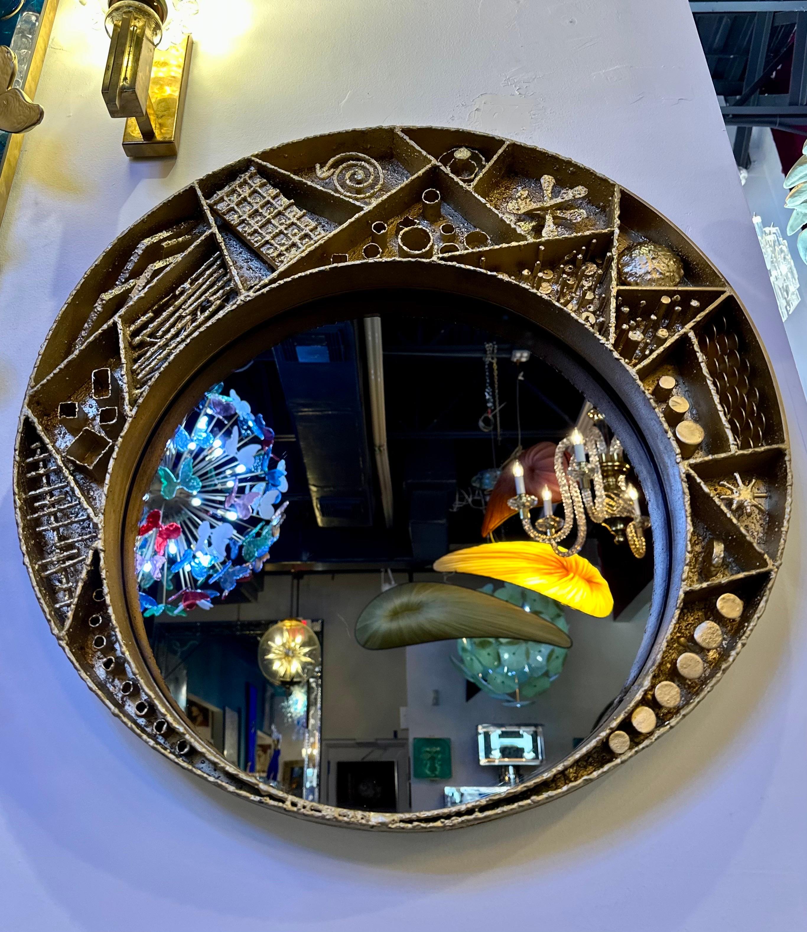Polished Brutalist Artisan Crafted Metalwork Framed Mirror Paul Evans Style For Sale