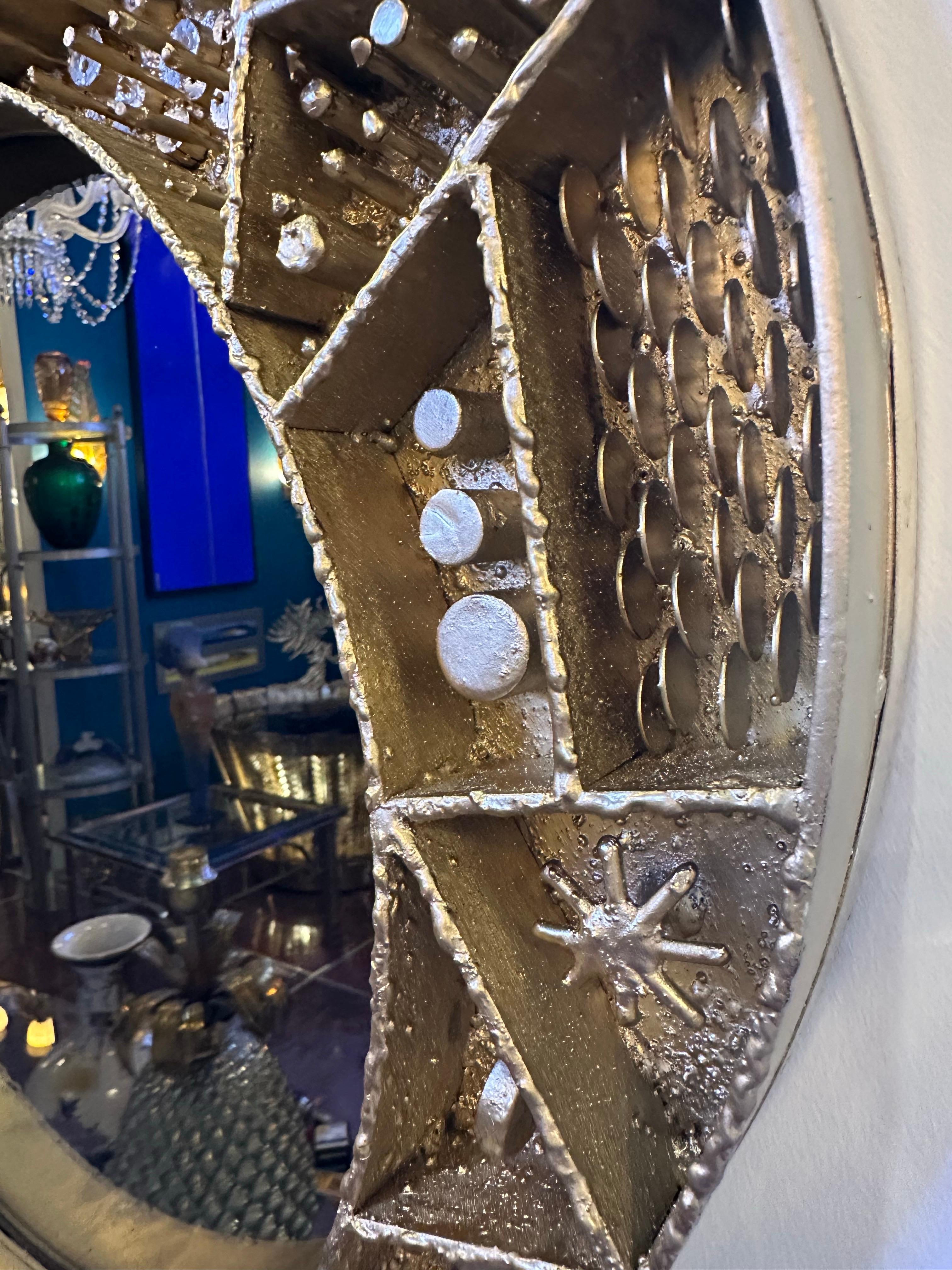 Brutalist Artisan Crafted Metalwork Framed Mirror Paul Evans Style In Good Condition For Sale In Miami, FL