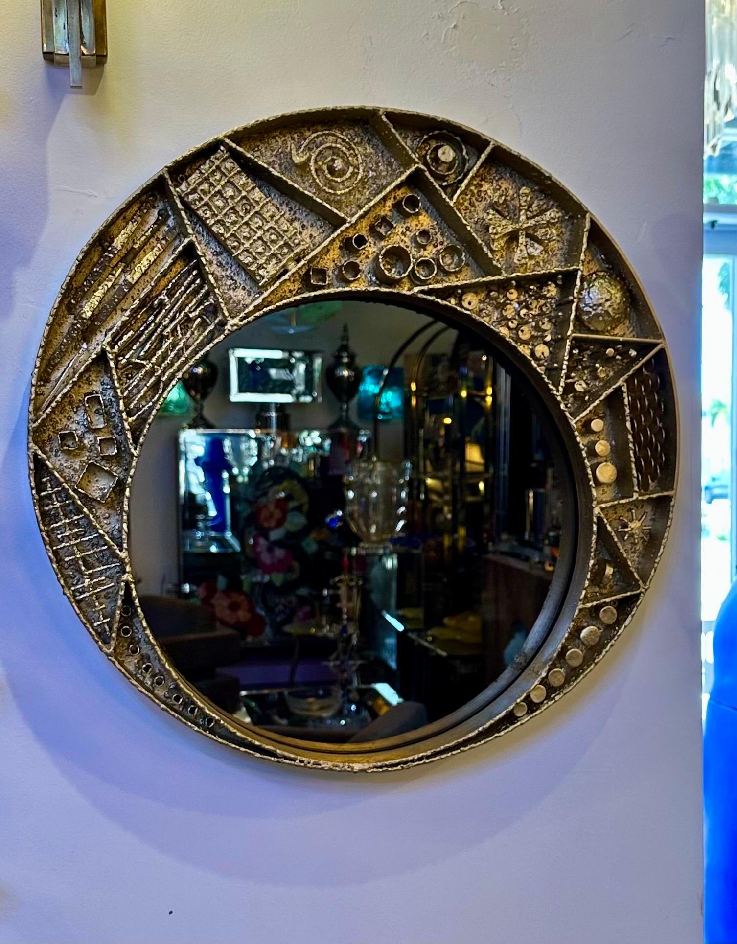 20th Century Brutalist Artisan Crafted Metalwork Framed Mirror Paul Evans Style For Sale