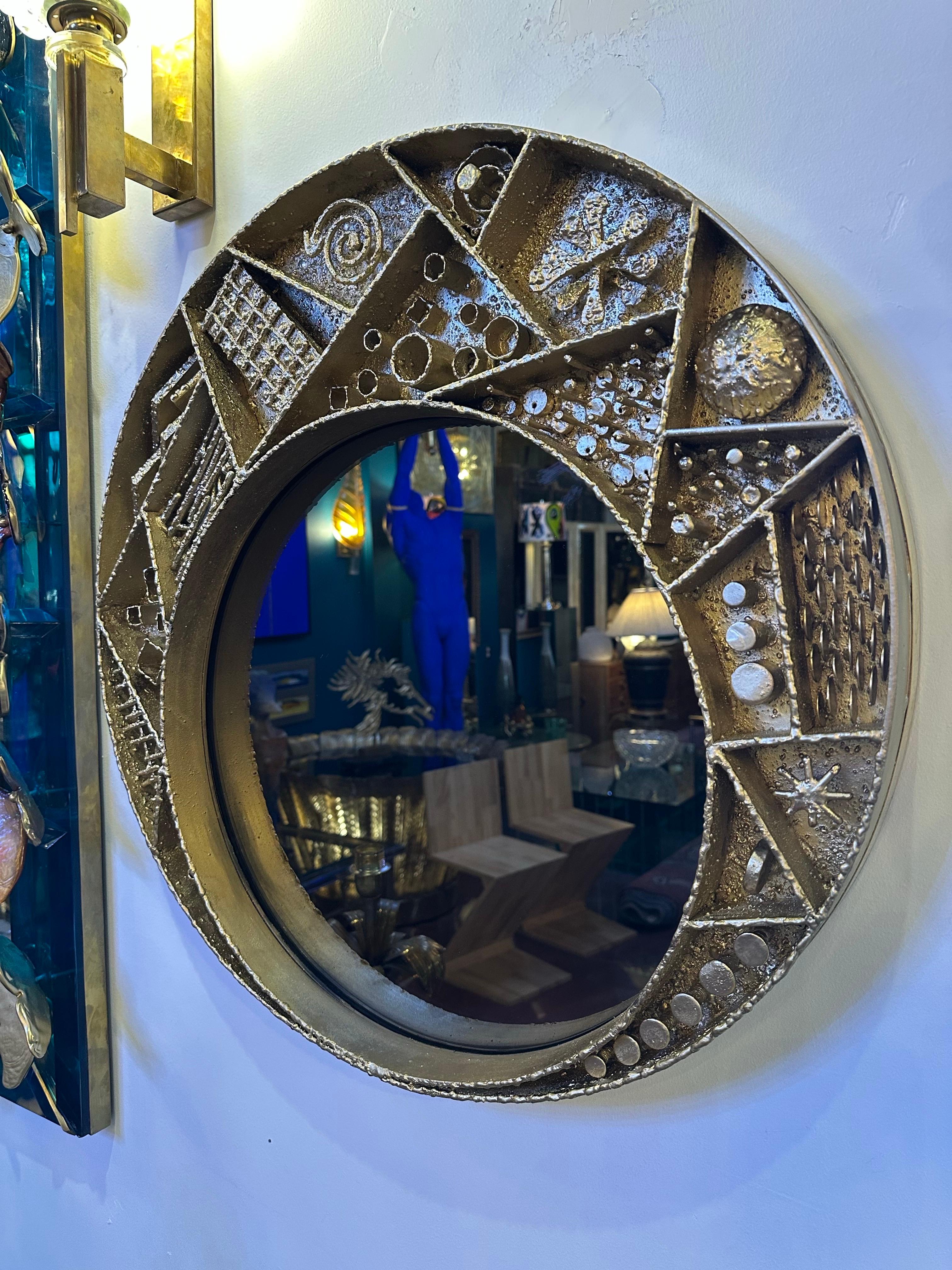 Brutalist Artisan Crafted Metalwork Framed Mirror Paul Evans Style For Sale 3