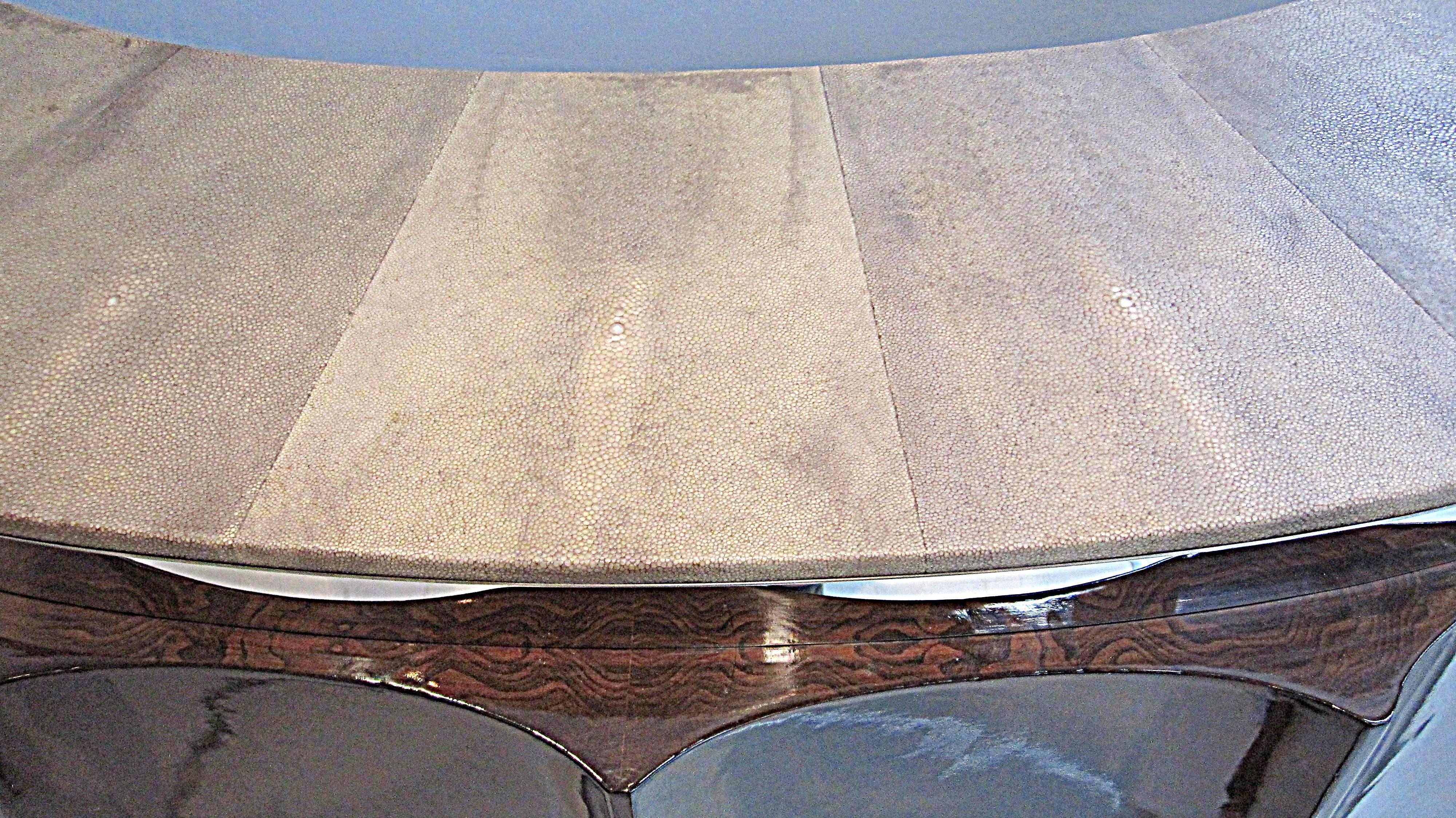 Beautiful French Art Deco bar in palisander wood with shagreen bar top and nickel dipped trim.