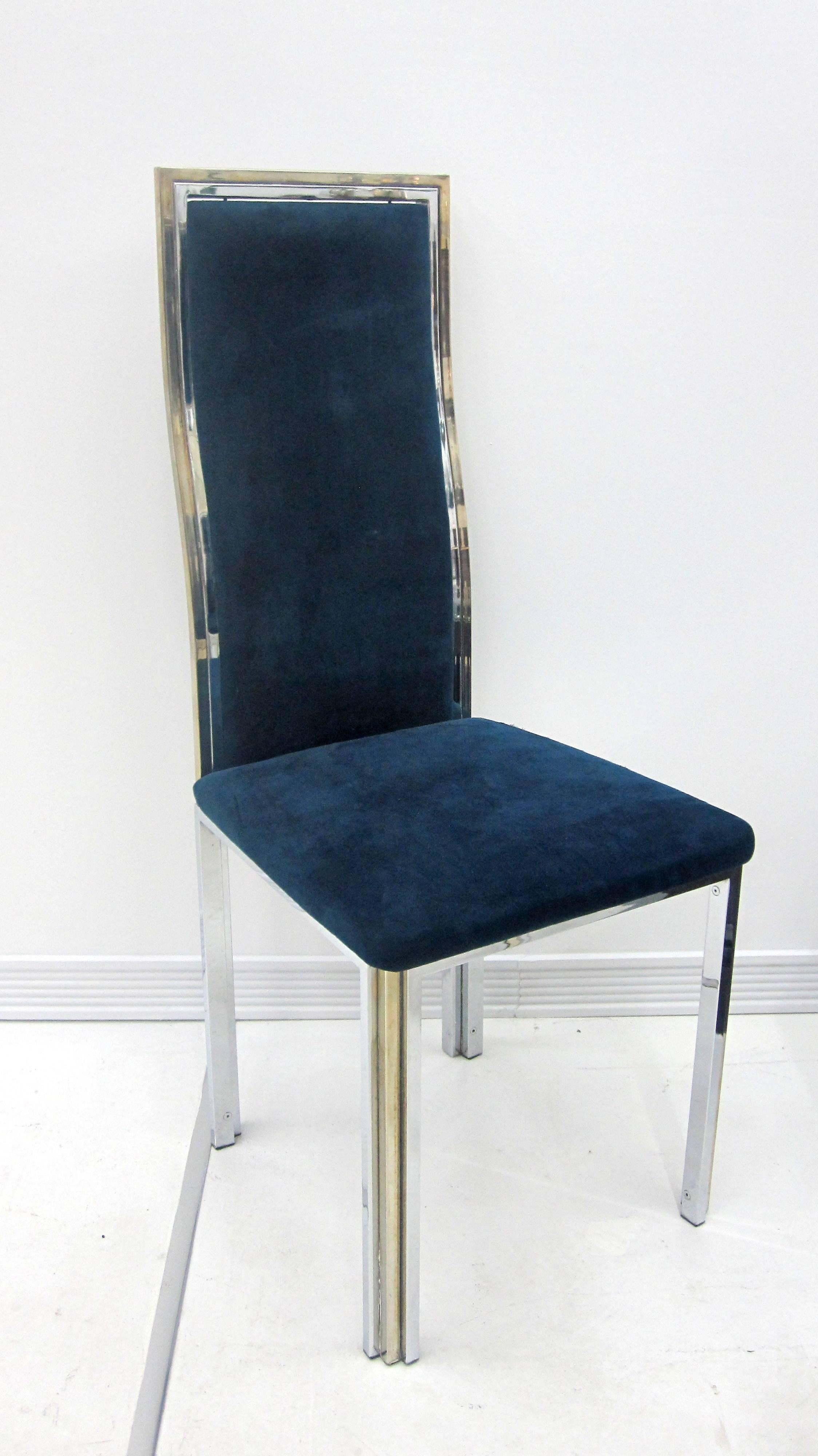Six brass and chrome Mid-Century dining chairs with curved backs and original deep blue velvet upholstery, by Romeo Rega.