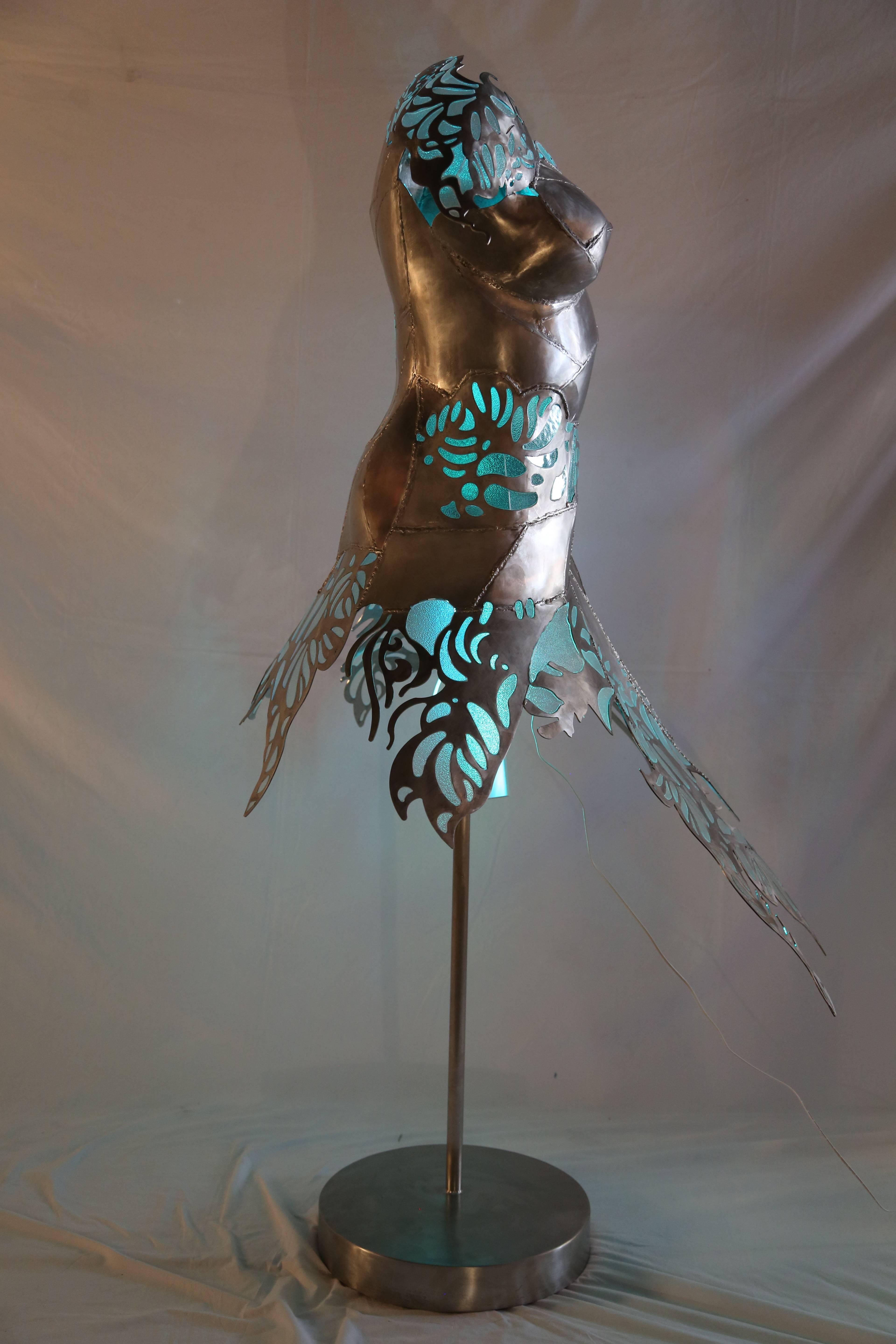 Modern Illuminating Steel and Glass Euphoric Dress Sculpture