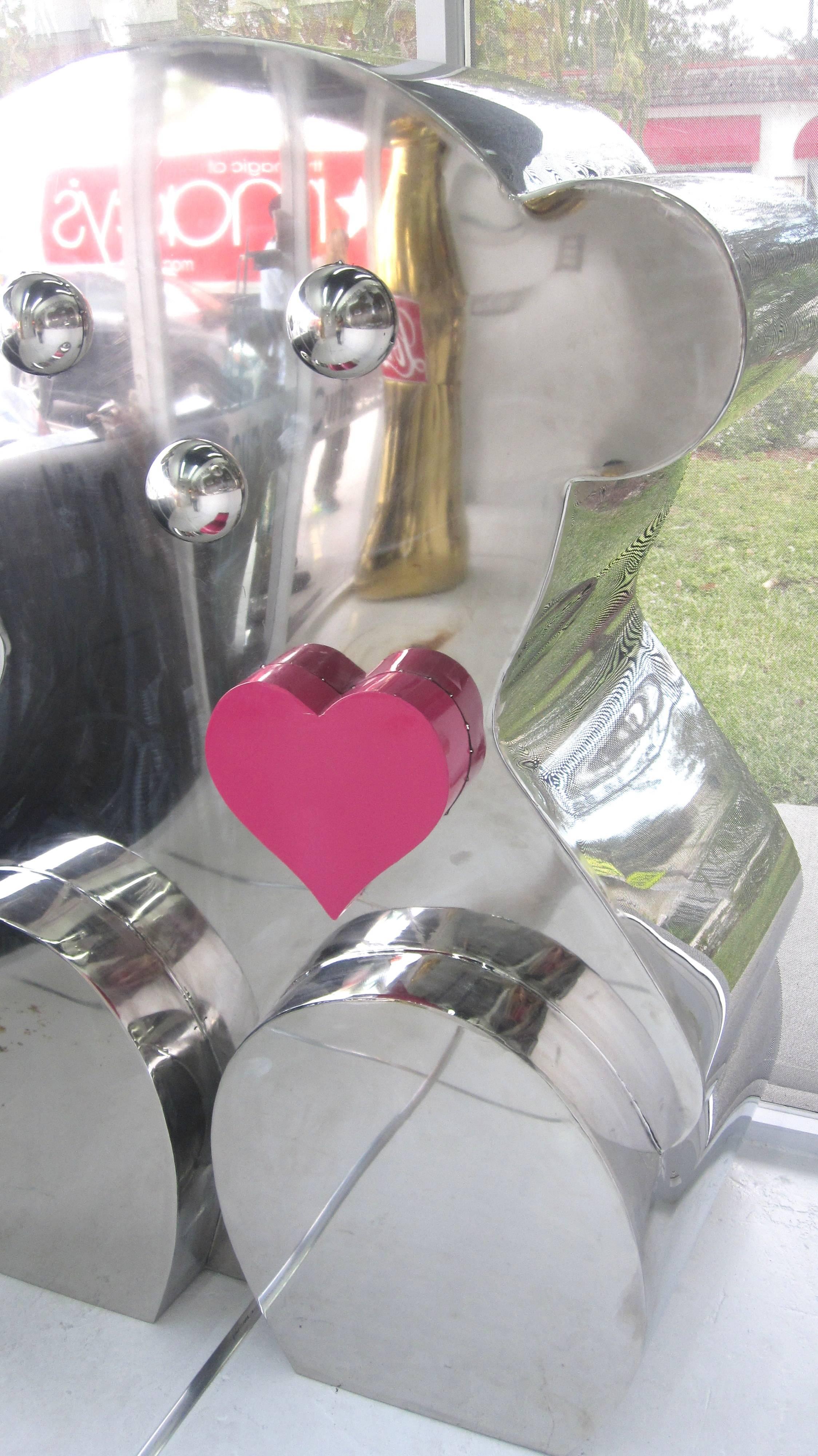 One of a kind mirror polished stainless steel teddy bear indoor or outdoor sculpture from a private estate.