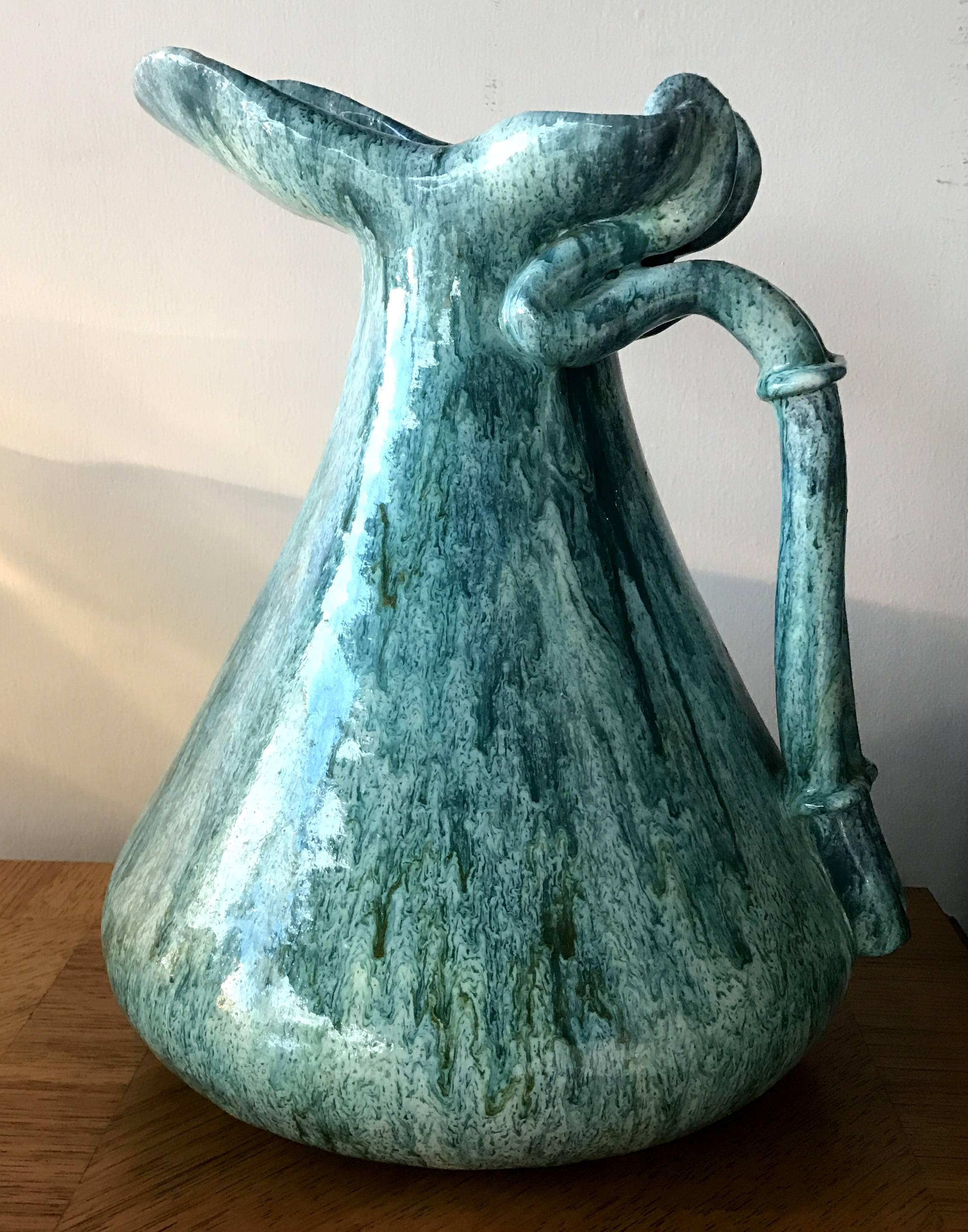 Large Mid-Century ceramic vase pitcher in beautiful tones of aqua blues and greens by Marcello Fantoni.