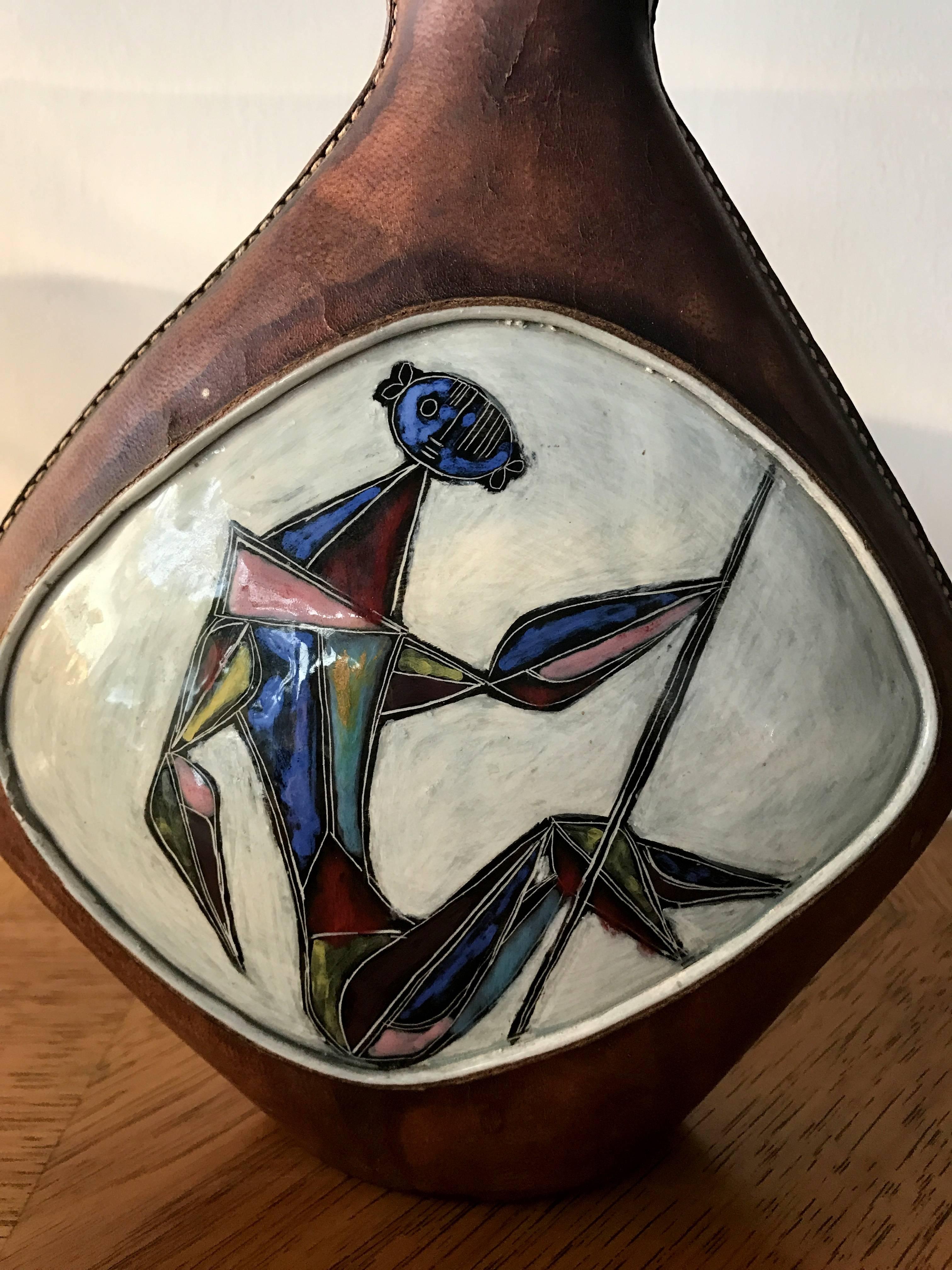 Marcello Fantoni-Keramikvase aus der Mitte des Jahrhunderts, mit Leder umwickelt (Moderne der Mitte des Jahrhunderts) im Angebot