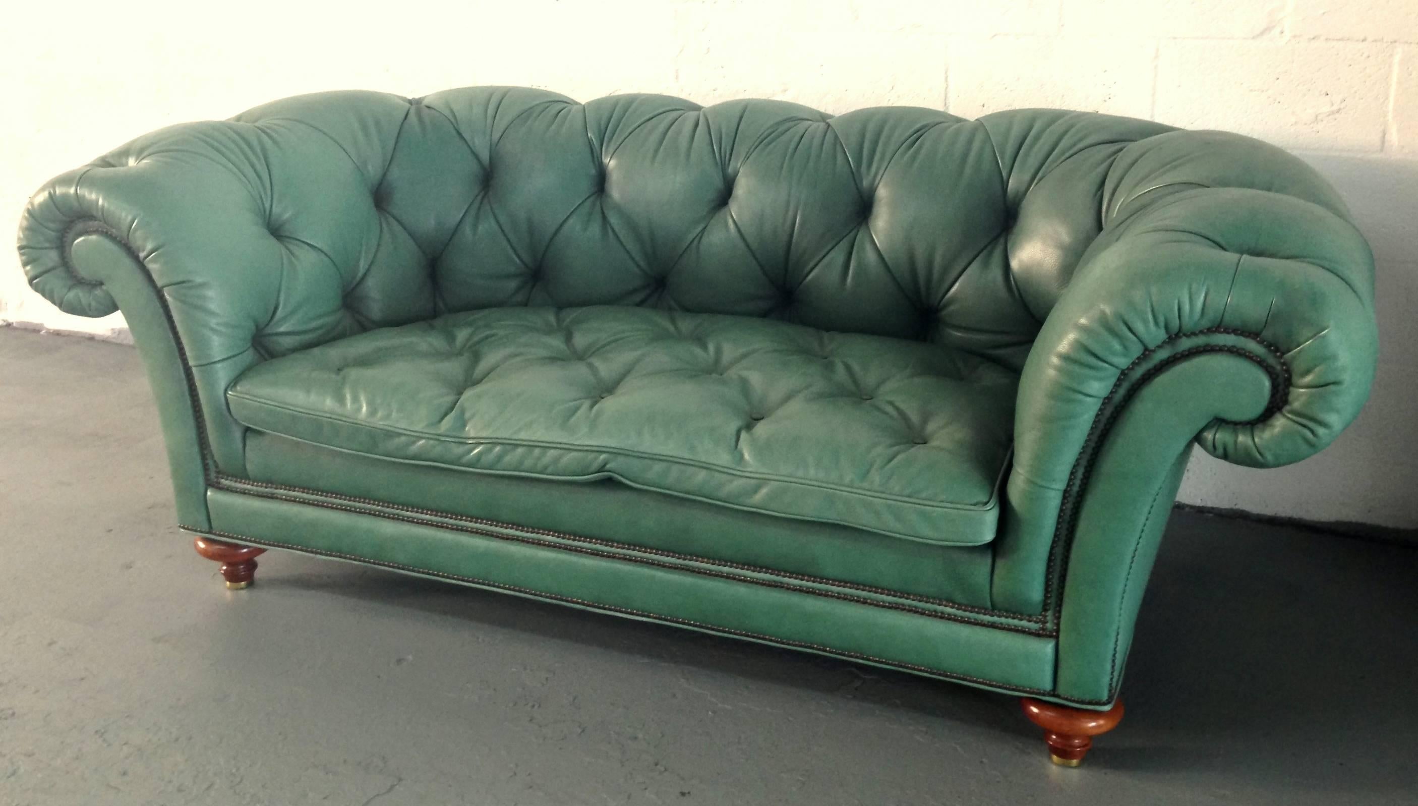 Mid-Century Modern English Green Vintage Leather Chesterfied Sofa