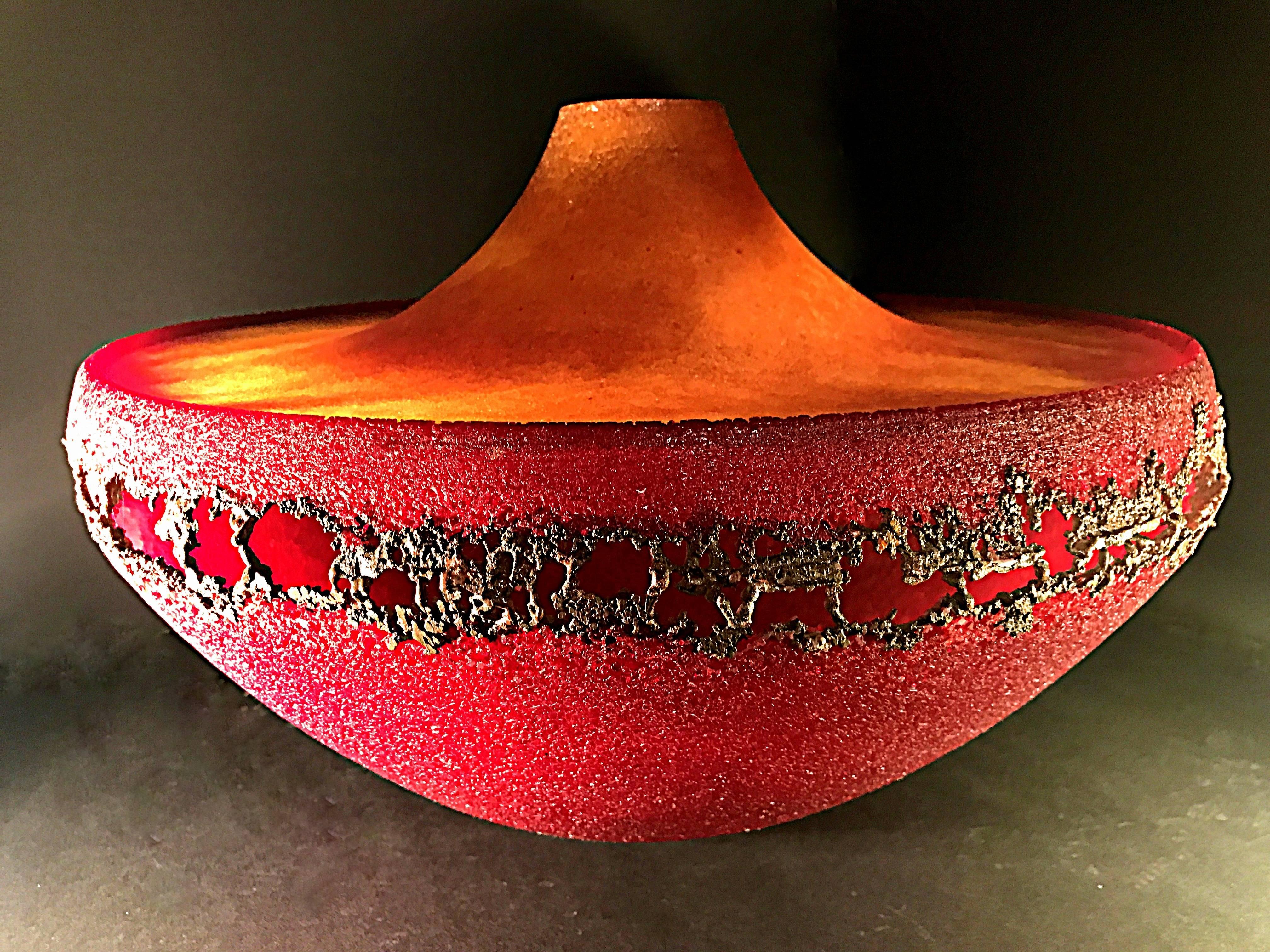 Copper Monumental Red Crystal Patte De Verre Vessel For Sale