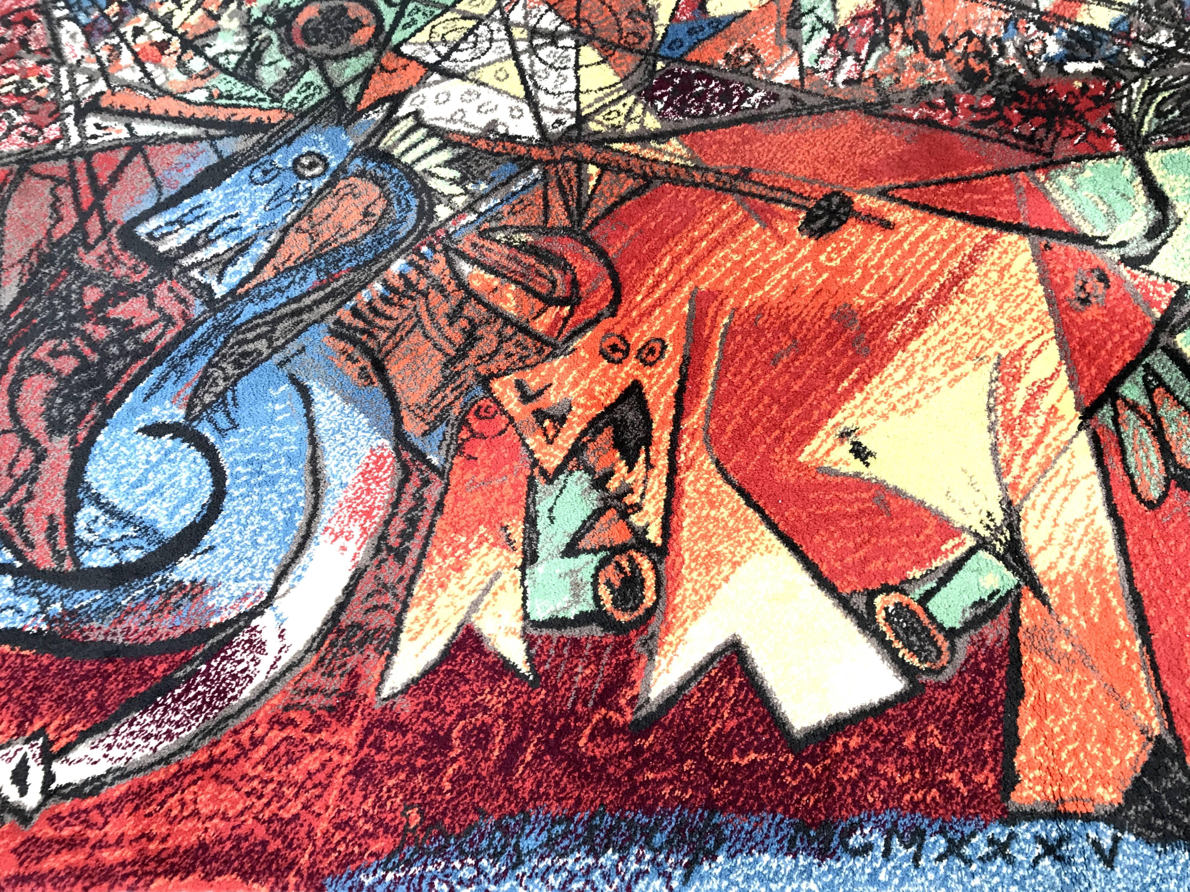 Tapis vintage Pablo Picasso par Ege Art rug, Scandinavie, milieu du 20ème siècle. Un magnifique tapis d'Ege Art rug, tissé en Scandinavie, présentant une composition conçue par Pablo Picasso. Ce tapis remarquable met en valeur le style cubiste