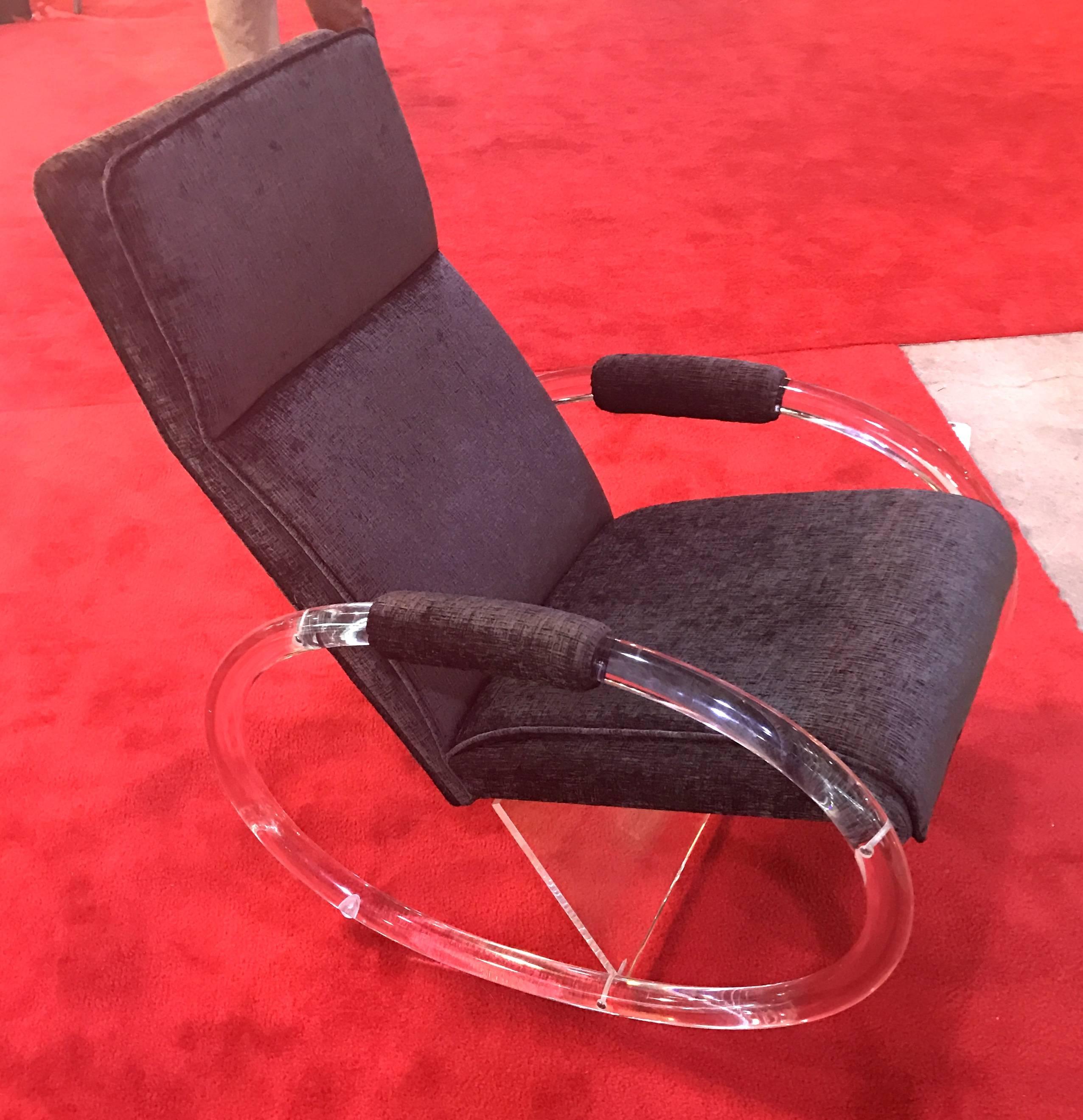 Gorgeous Lucite Charles Hollis Jones rocking chair reupholstered in gunmetal grey velvet. Perfect condition!