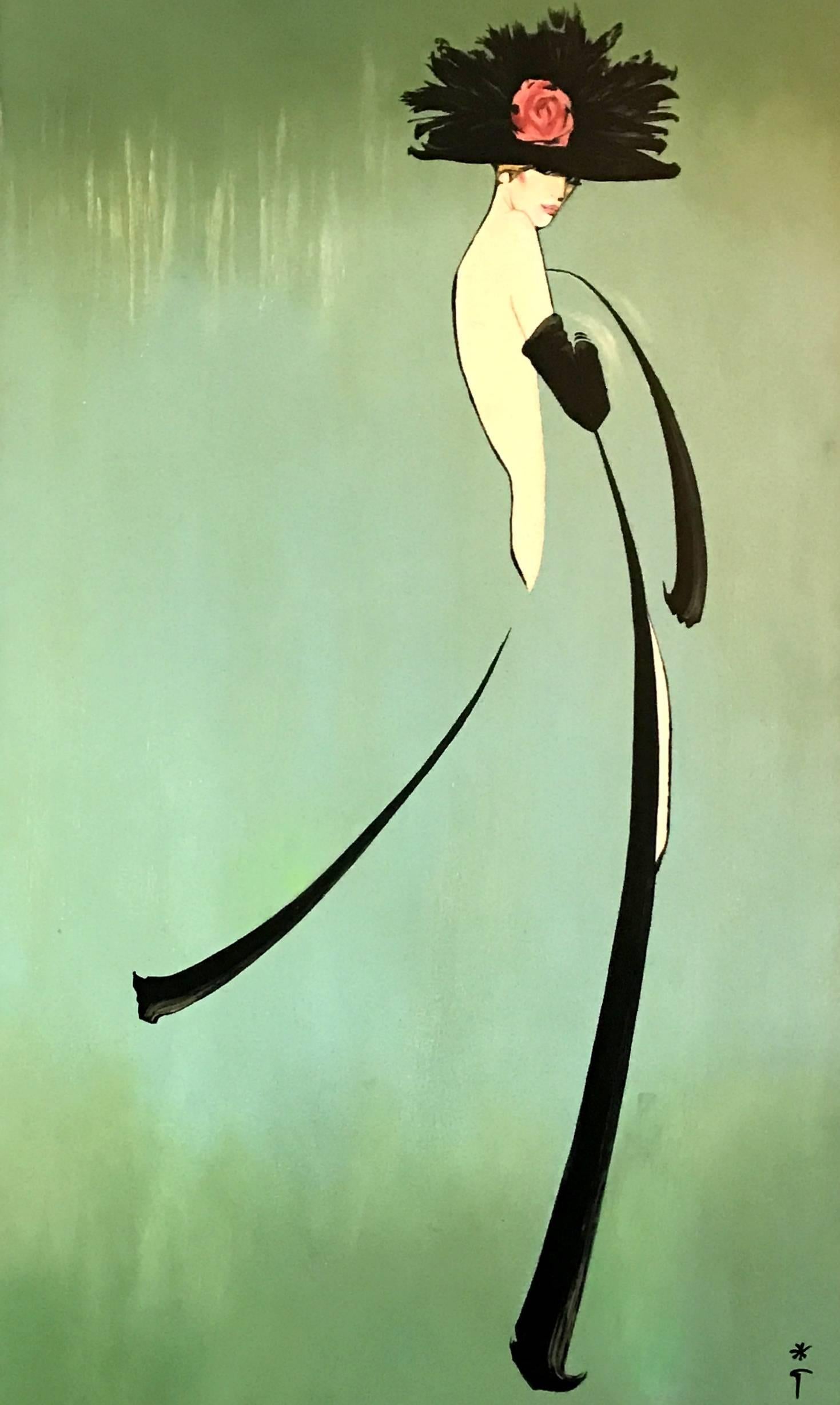 Rare fashion silhouette painting in lacquer on wood panel with a teal background by René Gruau.