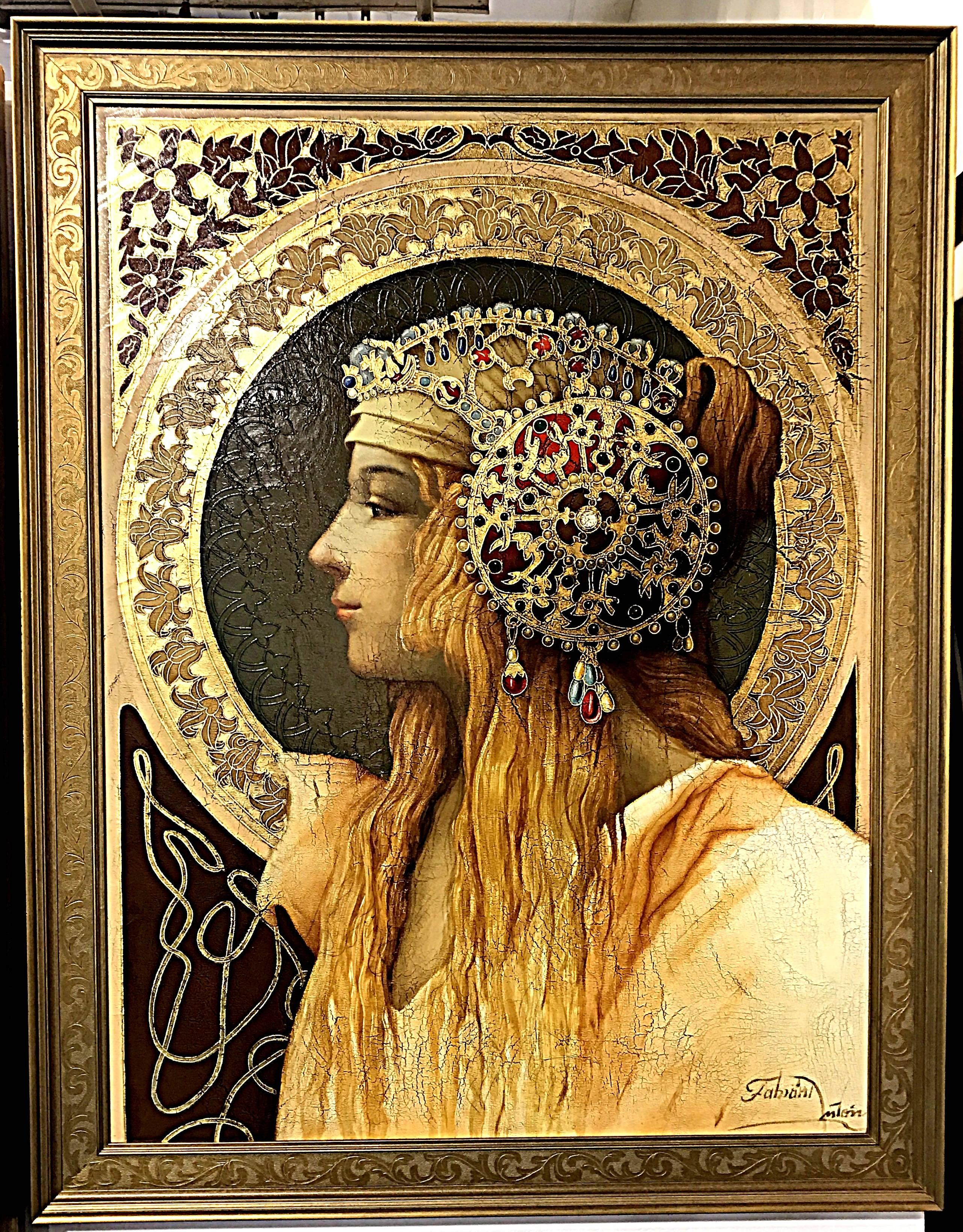 Beautifully detailed oil on canvas with gold leaf signed Fabian Anton.