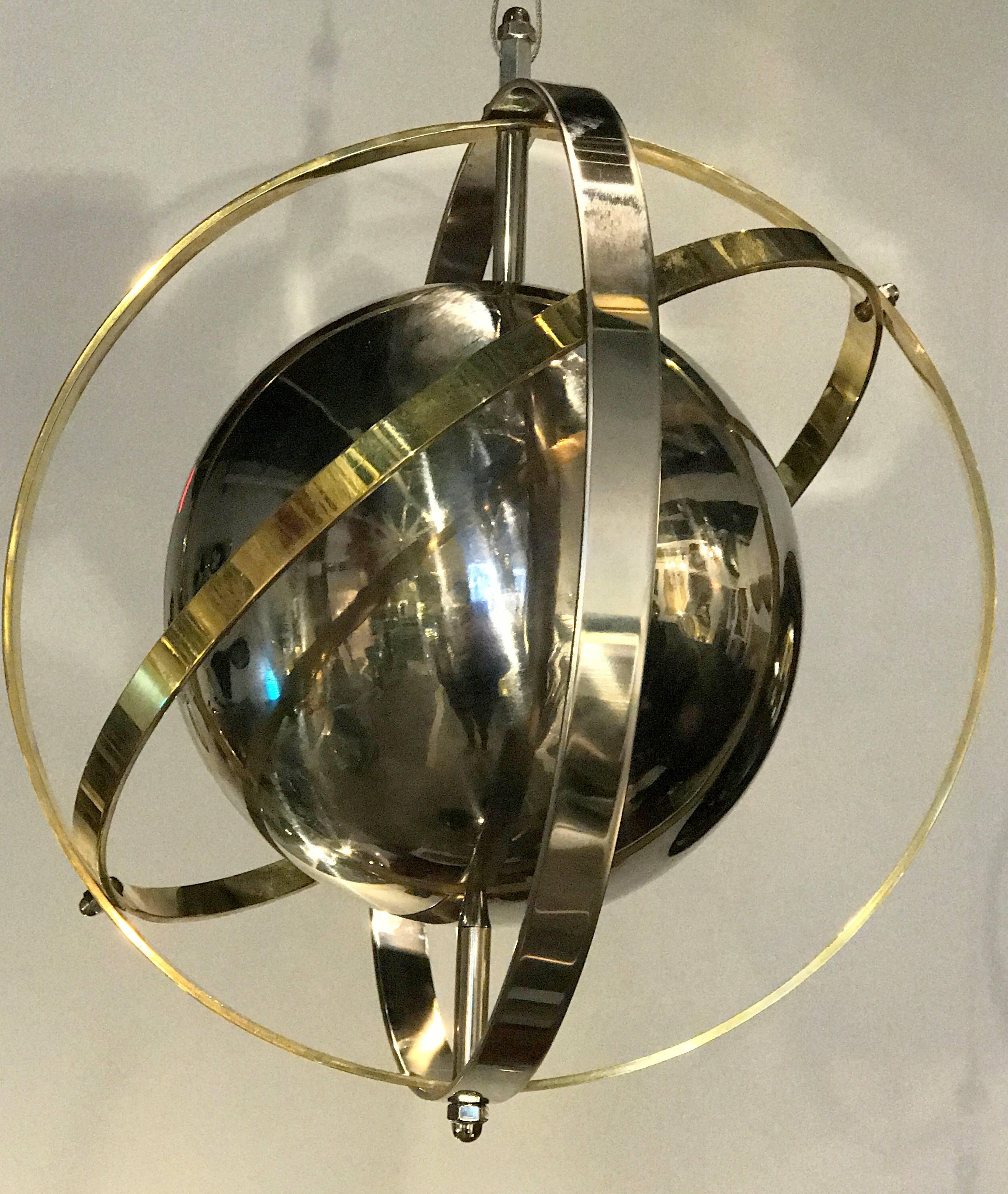 Pair of Brass, Stainless Steel and Lucite Armillary Sphere Chandeliers 3