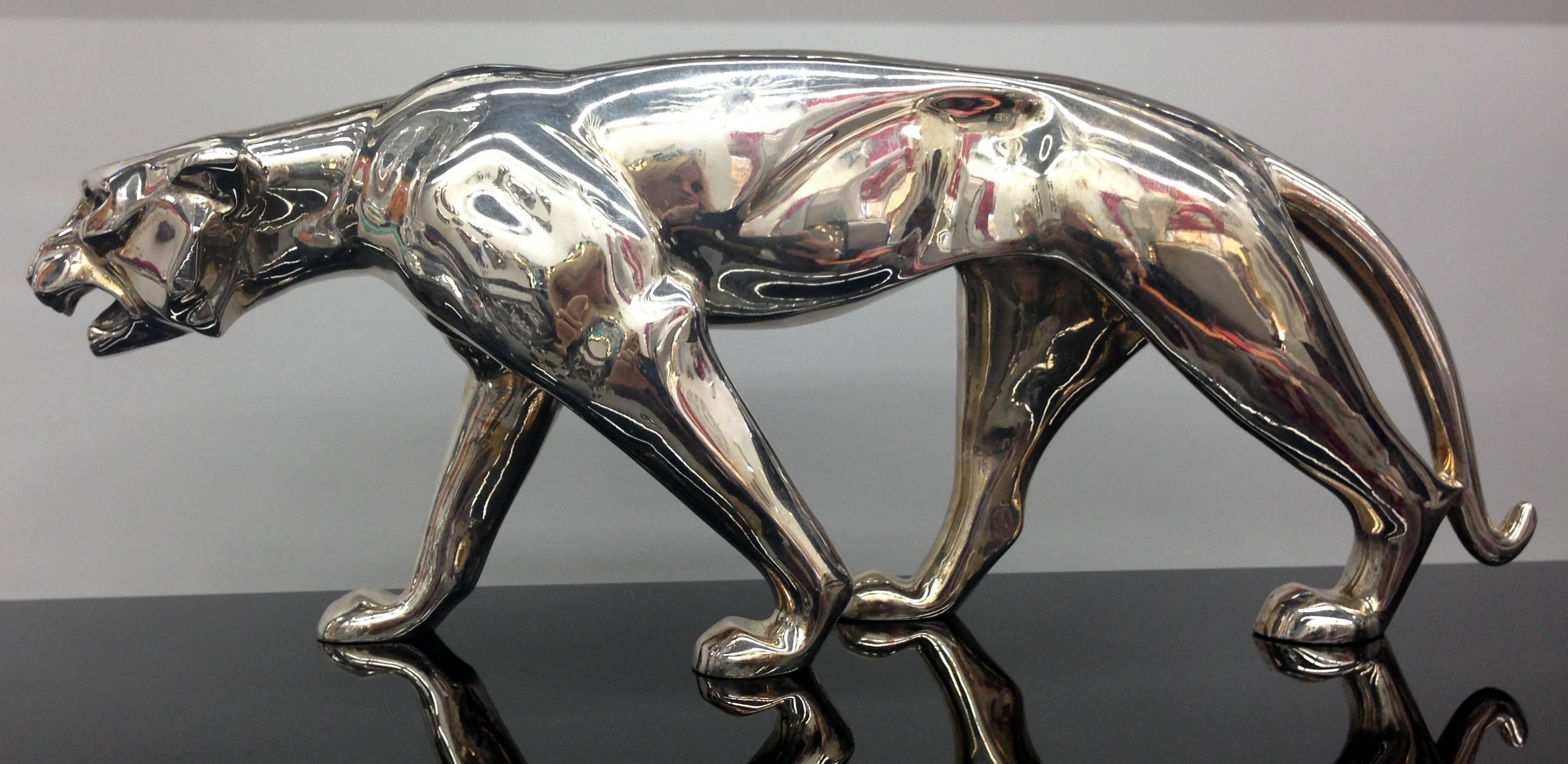 Milieu du XXe siècle Panthère française Art Déco en bronze argenté de Georges Lavroff en vente
