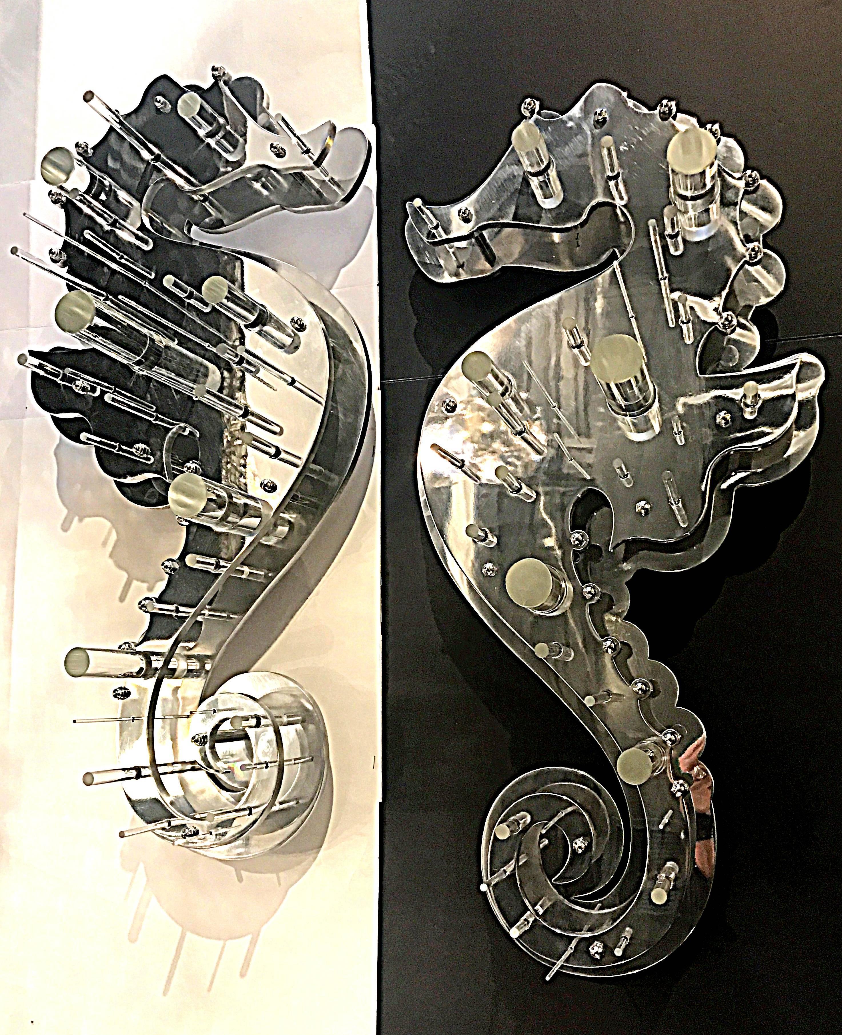 Pair of Modern Stainless Steel and Glass Seahorse Sconces In Good Condition In Miami, FL