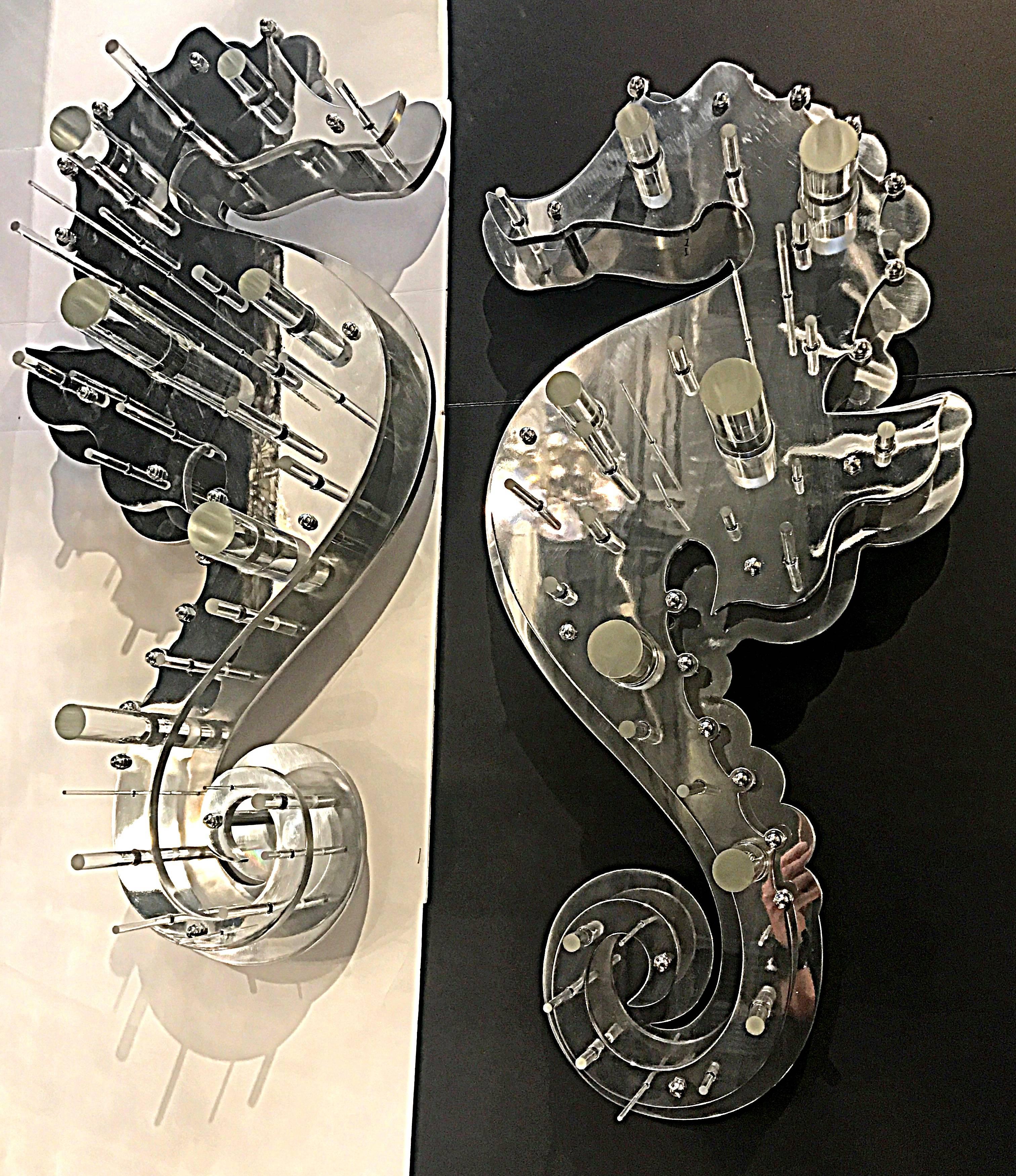 Pair of Modern Stainless Steel and Glass Seahorse Sconces 3