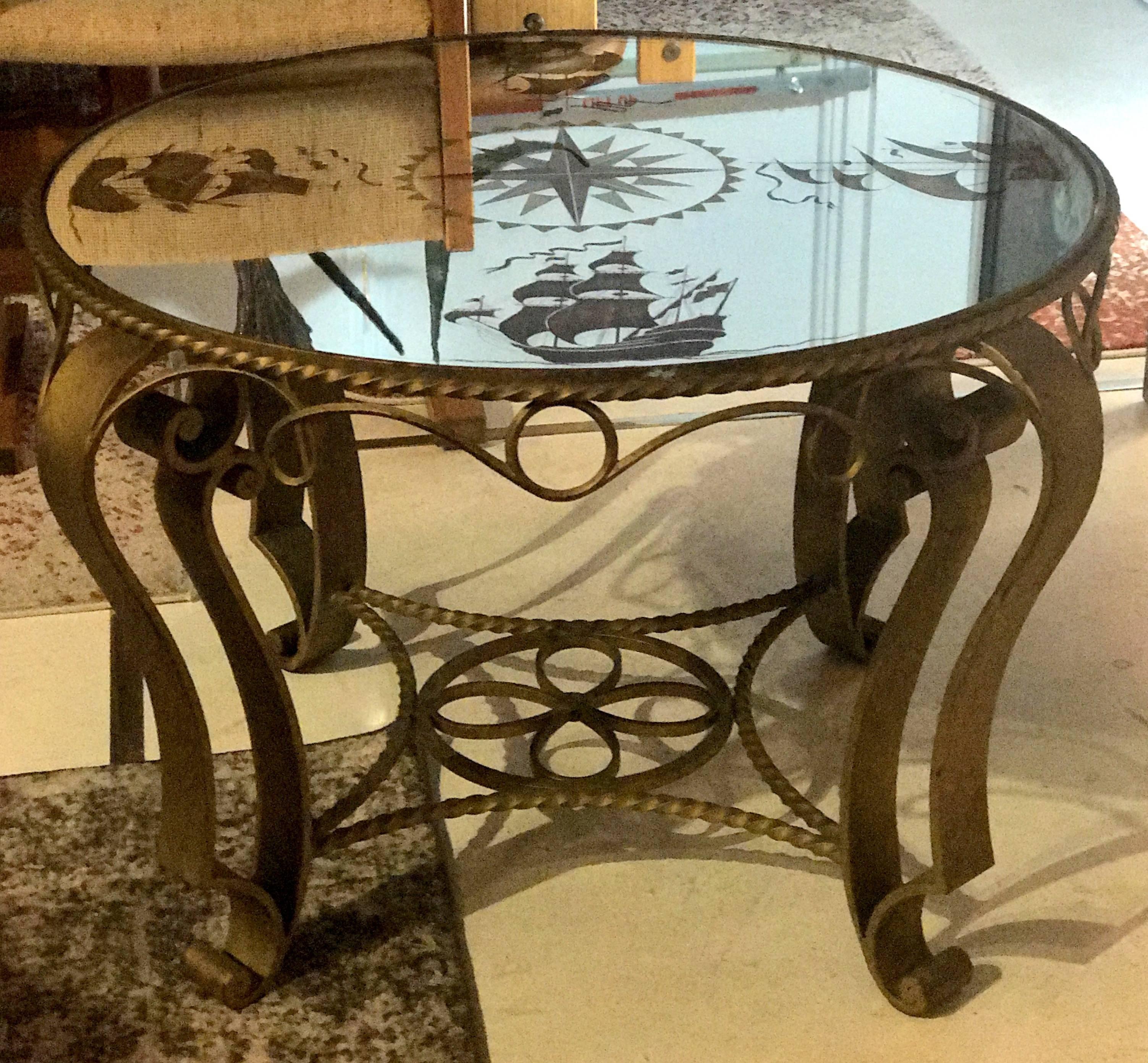 Hollywood Regency French Nautical Églomisé Mirror Topped Coffee Table, circa 1940