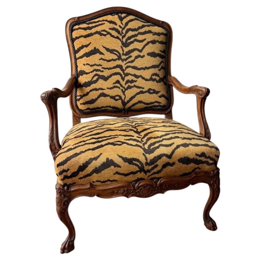 Antique Carved French Louis XV Style Tiger Print Armchair