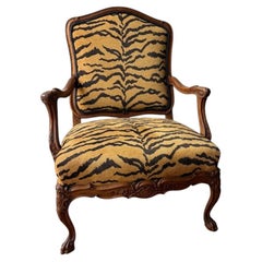 Antique Carved French Louis XV Style Tiger Print Armchair