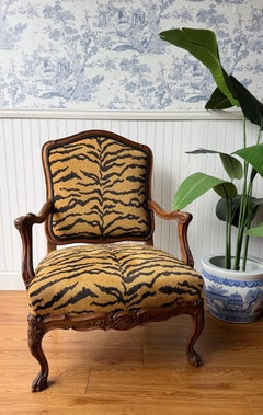 Antique Carved French Louis XV Style Tiger Print Armchair