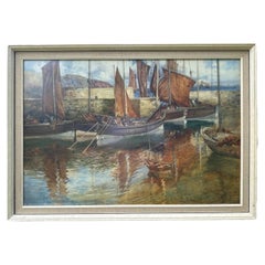 Acuarela original de un puerto pesquero de Cornualles, obra de George Robert Rushton