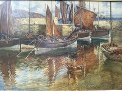 Acuarela original de un puerto pesquero de Cornualles, obra de George Robert Rushton