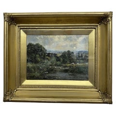 Peinture originale à l'huile sur toile représentant du bétail dans un paysage britannique, par John R. Harvey