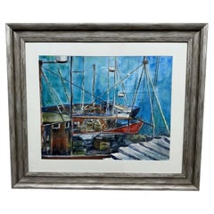 J. Bailey – Aquarelle côtière anglaise : Port de Cornouailles et bateaux de pêche