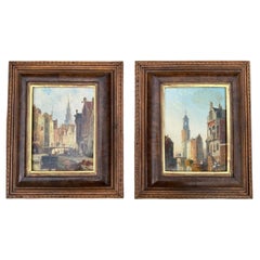 Paire de peintures à l'huile originales représentant des paysages urbains européens, réalisées par William R. Dommerson
