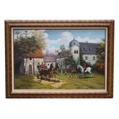 Edward Fox Original Oil Painting of a Hunting Party Outside a French Château