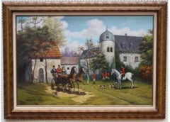 Edward Fox Original Oil Painting of a Hunting Party Outside a French Château