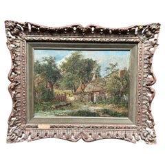 Peinture à l'huile originale de Joseph Thors représentant un paysage avec une petite maison de campagne dans les bois et un ruisseau