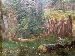 Peinture à l'huile originale de Joseph Thors représentant un paysage avec une petite maison de campagne dans les bois et un ruisseau
