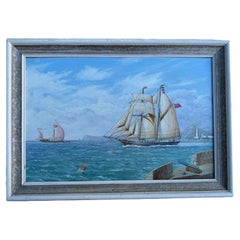 John Whale Nautical Maritime Oil Painting on Board, Two-Masted Schooners at Sea