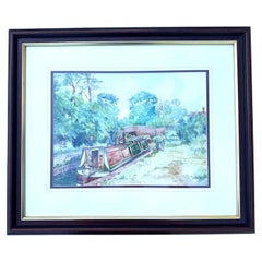 G. Brampton Original Watercolour, British Canal Narrowboat Landscape Painting