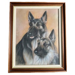 German Shepherd Portrait Mid Century Painting, Signed with Monogram