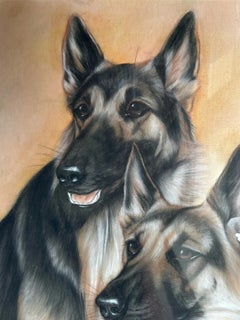 German Shepherd Portrait Mid Century Painting, Signed with Monogram