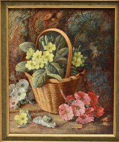 Vincent Clare : peinture à l'huile de style ancien représentant une nature morte avec des fleurs dans un panier en osier