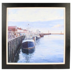 Signed Mid Century Coastal Oil on Canvas Painting, Fishing Boats at the Quayside