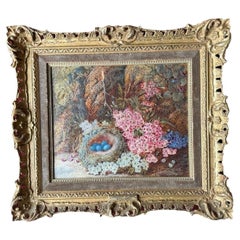 Vincent Clare : nature morte à l'huile sur toile représentant un nid d'oiseau et des fleurs sauvages